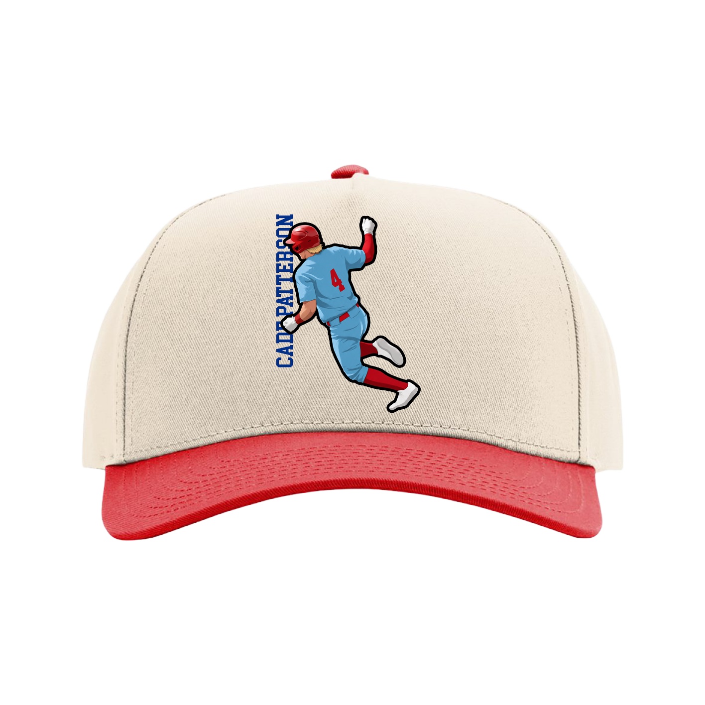 Full Fabric Five-Panel Champ Cap — Name Vertical in Cream/Red