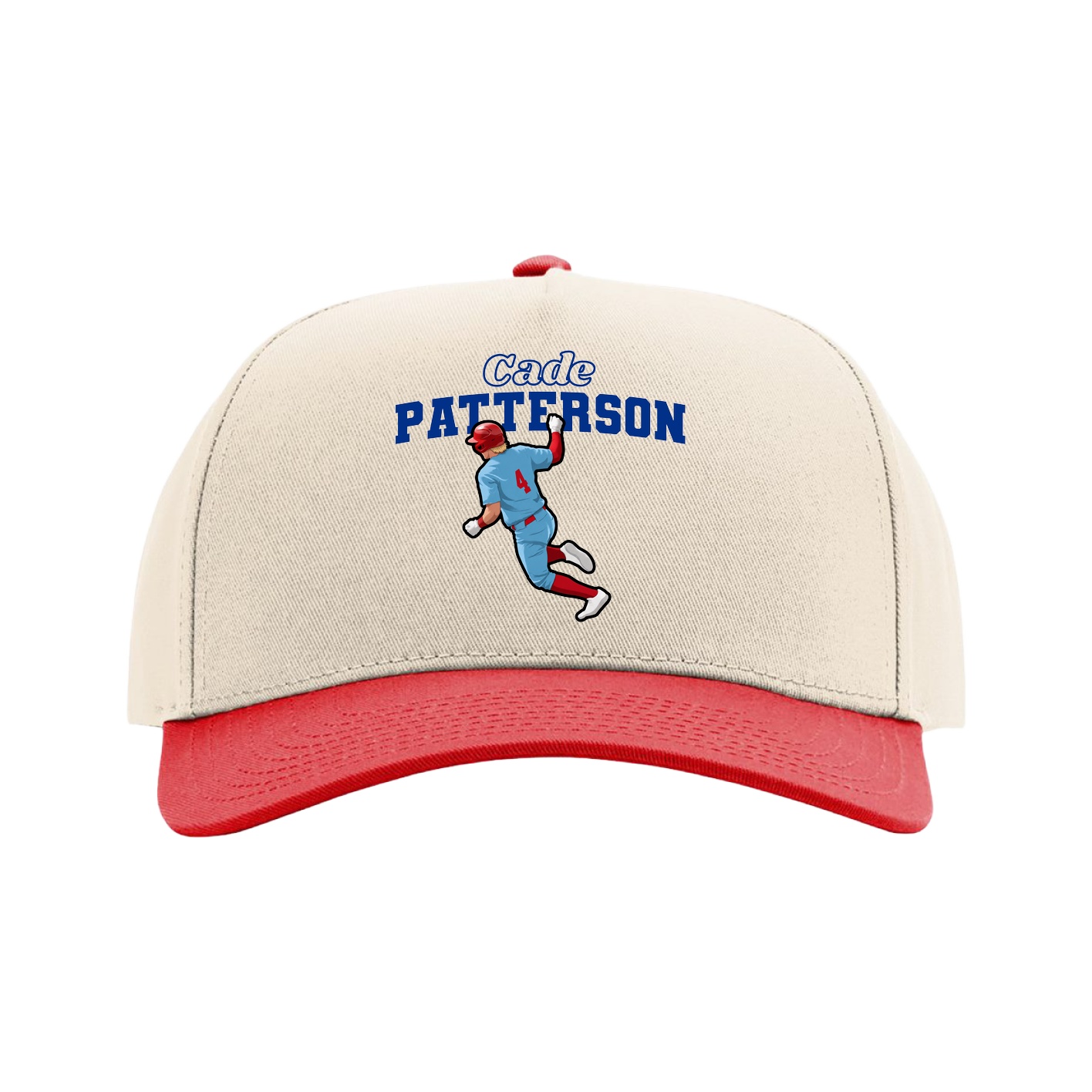 Full Fabric Five-Panel Champ Cap — Name Arch in Cream/Red