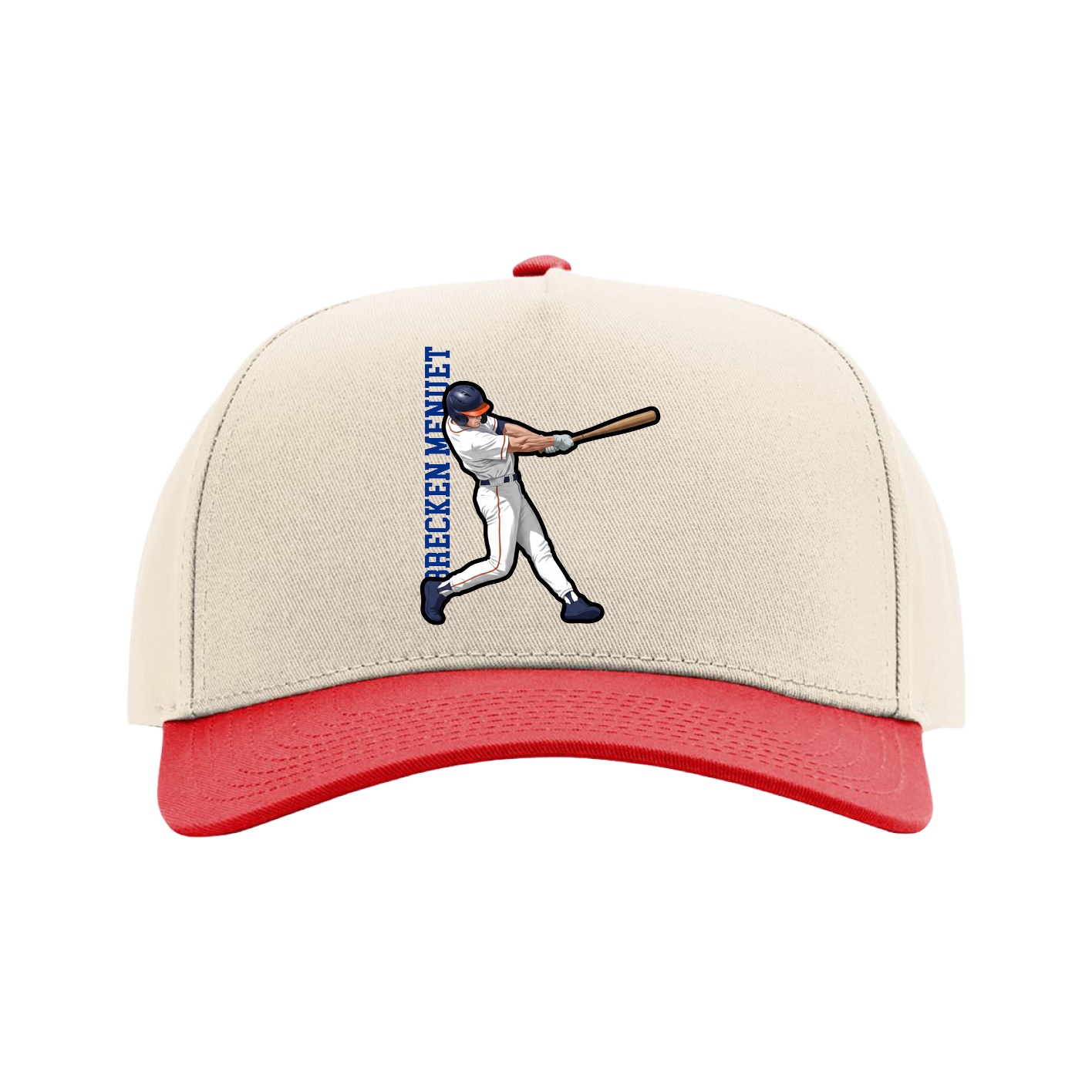 Full Fabric Five-Panel Champ Cap — Name Vertical in Cream/Red