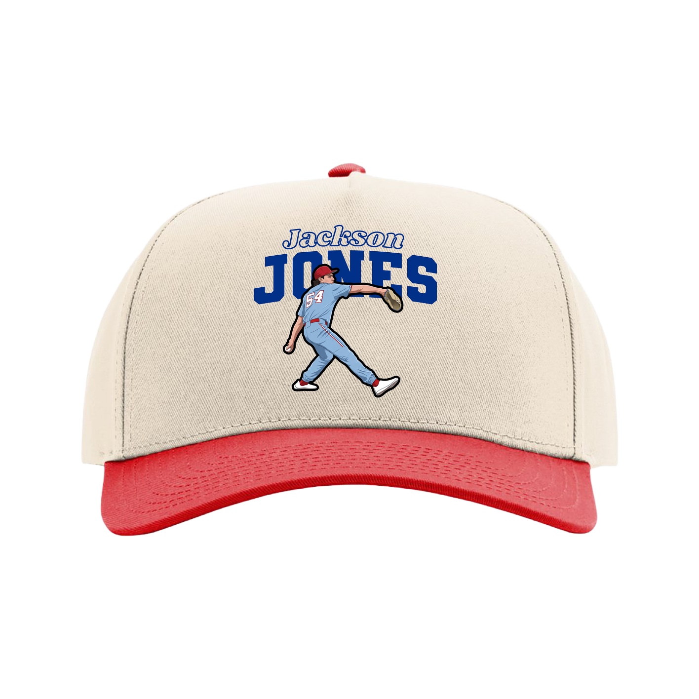 Full Fabric Five-Panel Champ Cap — Name Arch in Cream/Red