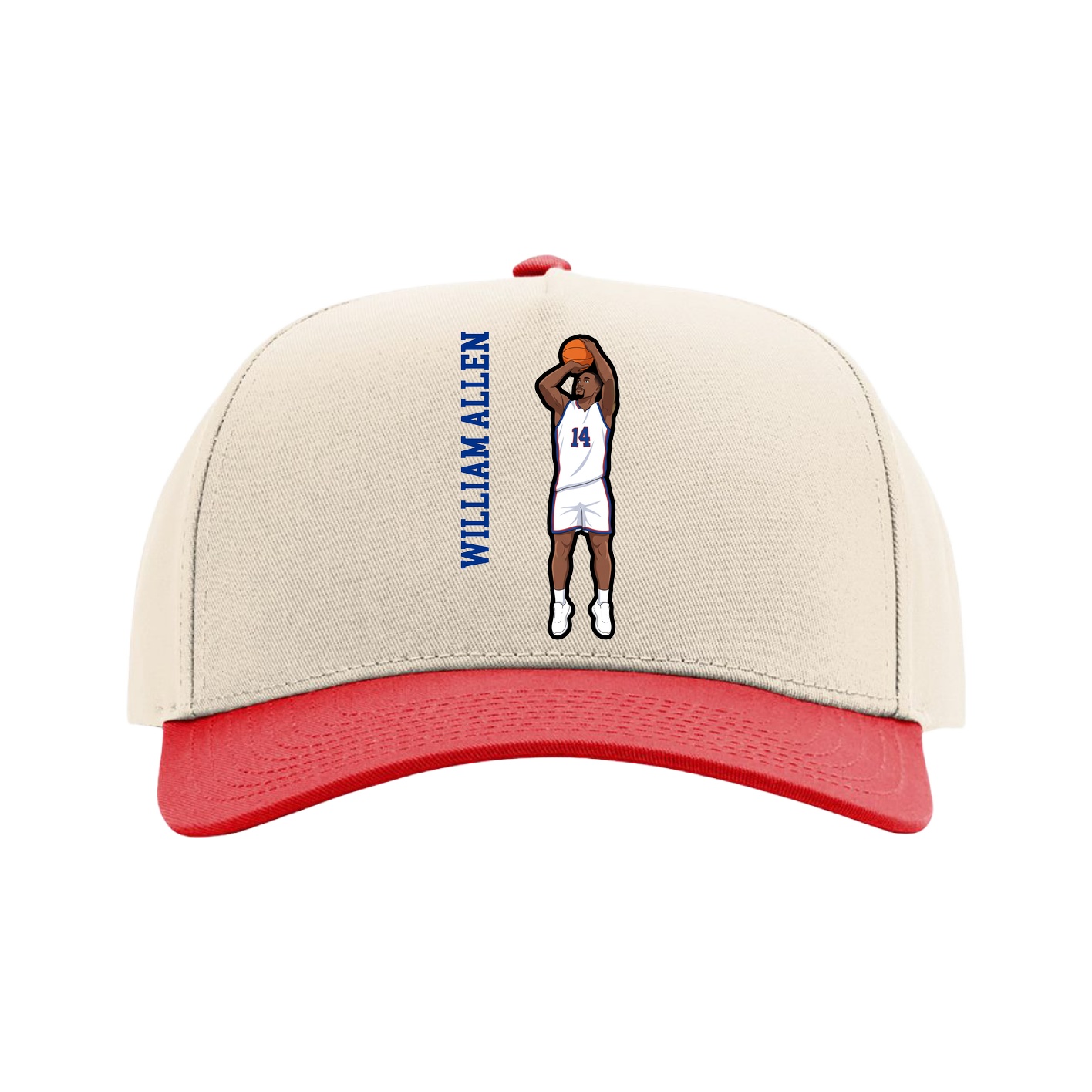 Full Fabric Five-Panel Champ Cap — Name Vertical in Cream/Red
