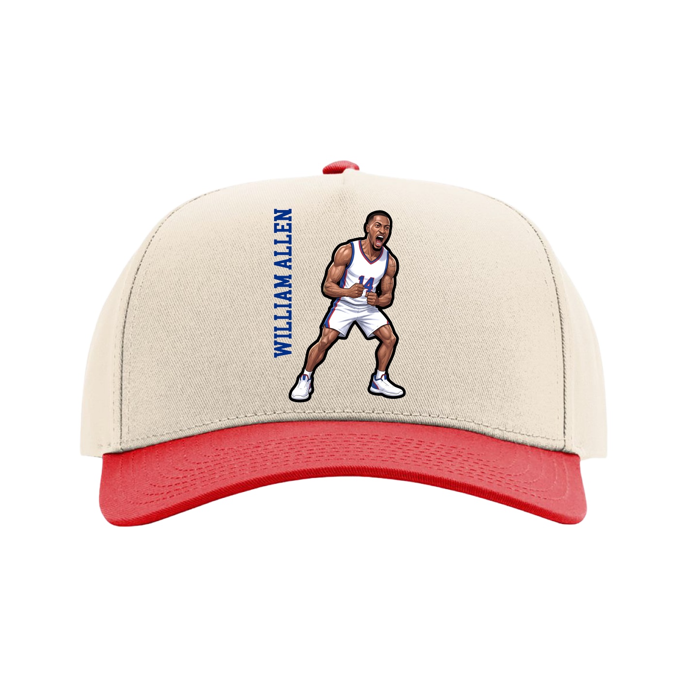 Full Fabric Five-Panel Champ Cap — Name Vertical in Cream/Red