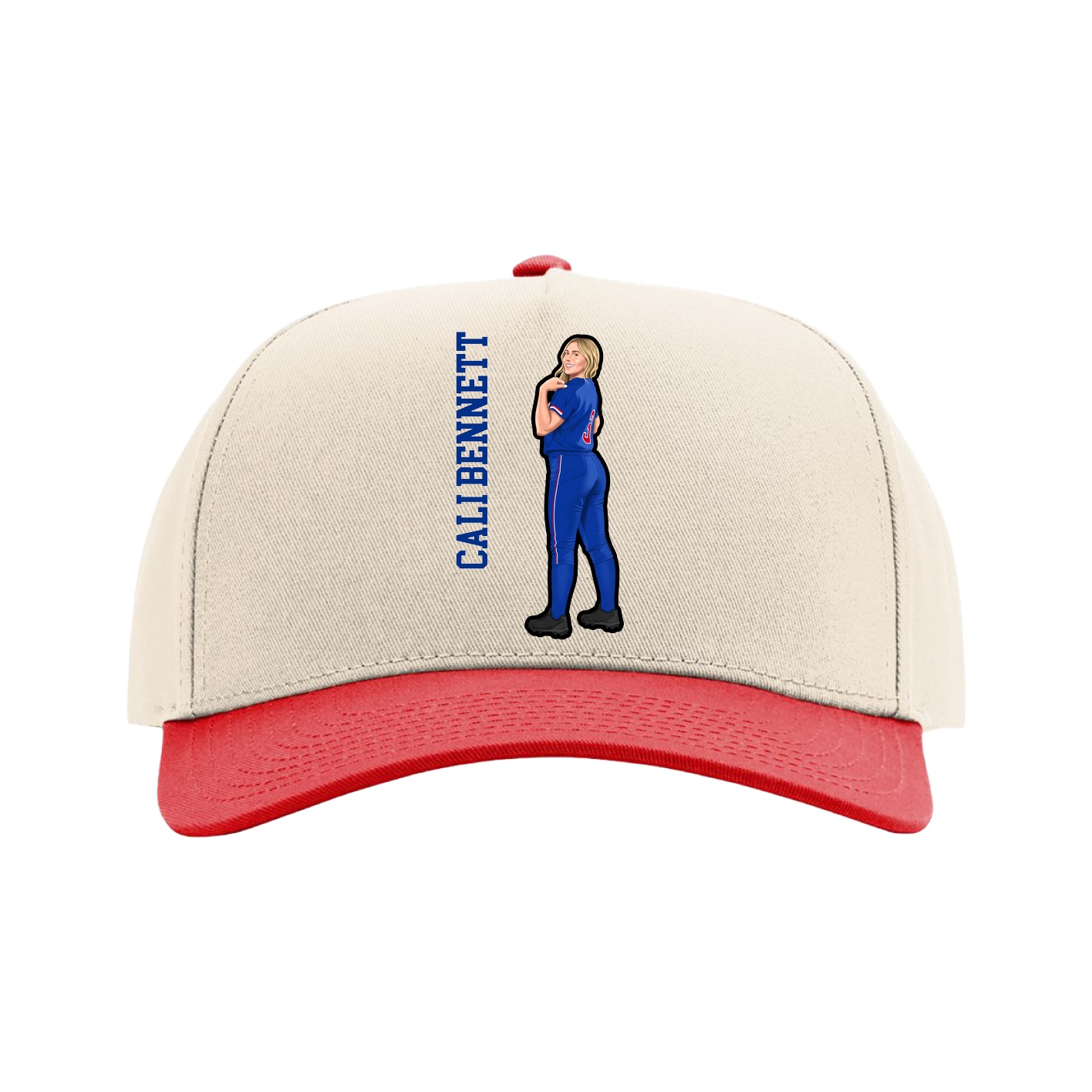 Full Fabric Five-Panel Champ Cap — Name Vertical in Cream/Red