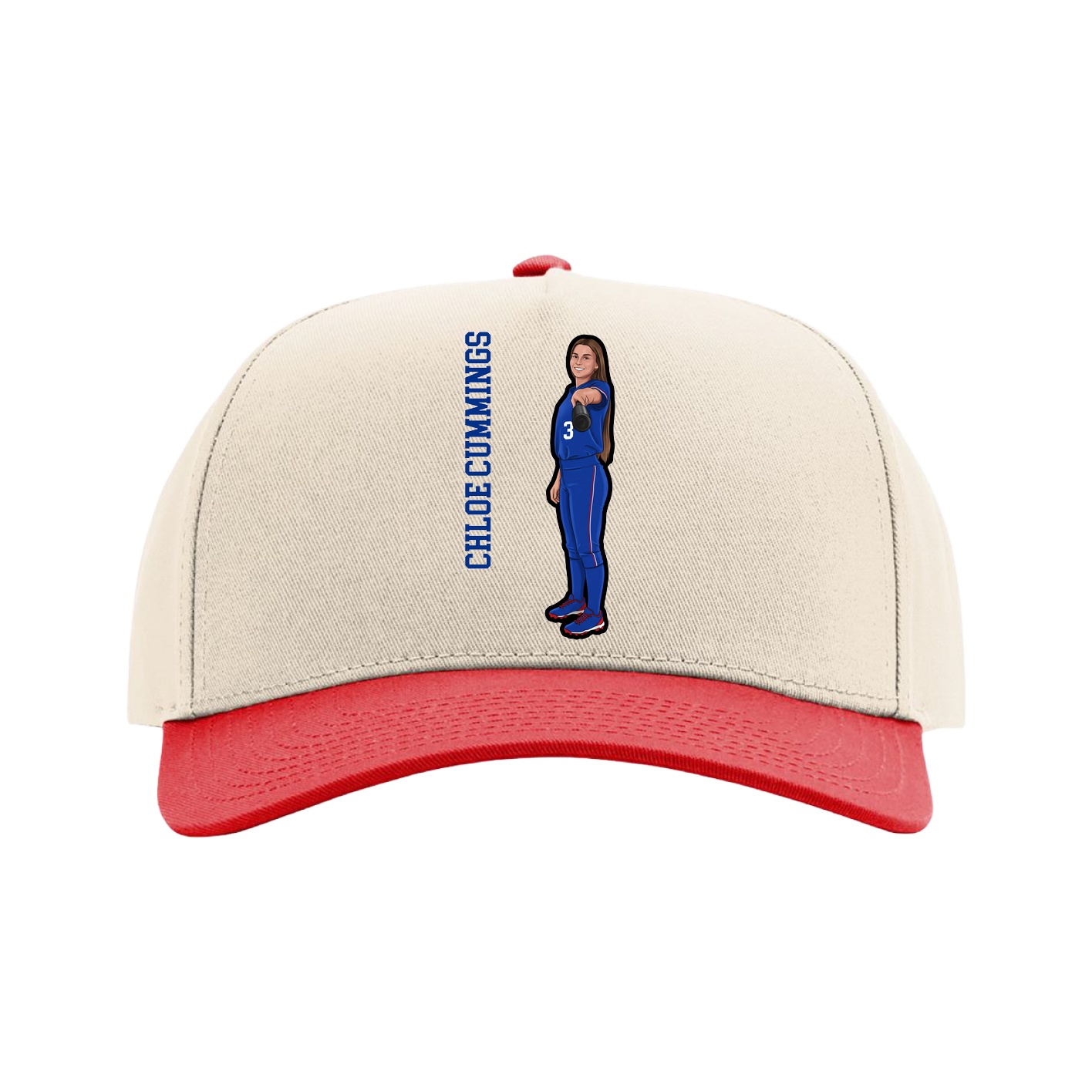 Full Fabric Five-Panel Champ Cap — Name Vertical in Cream/Red