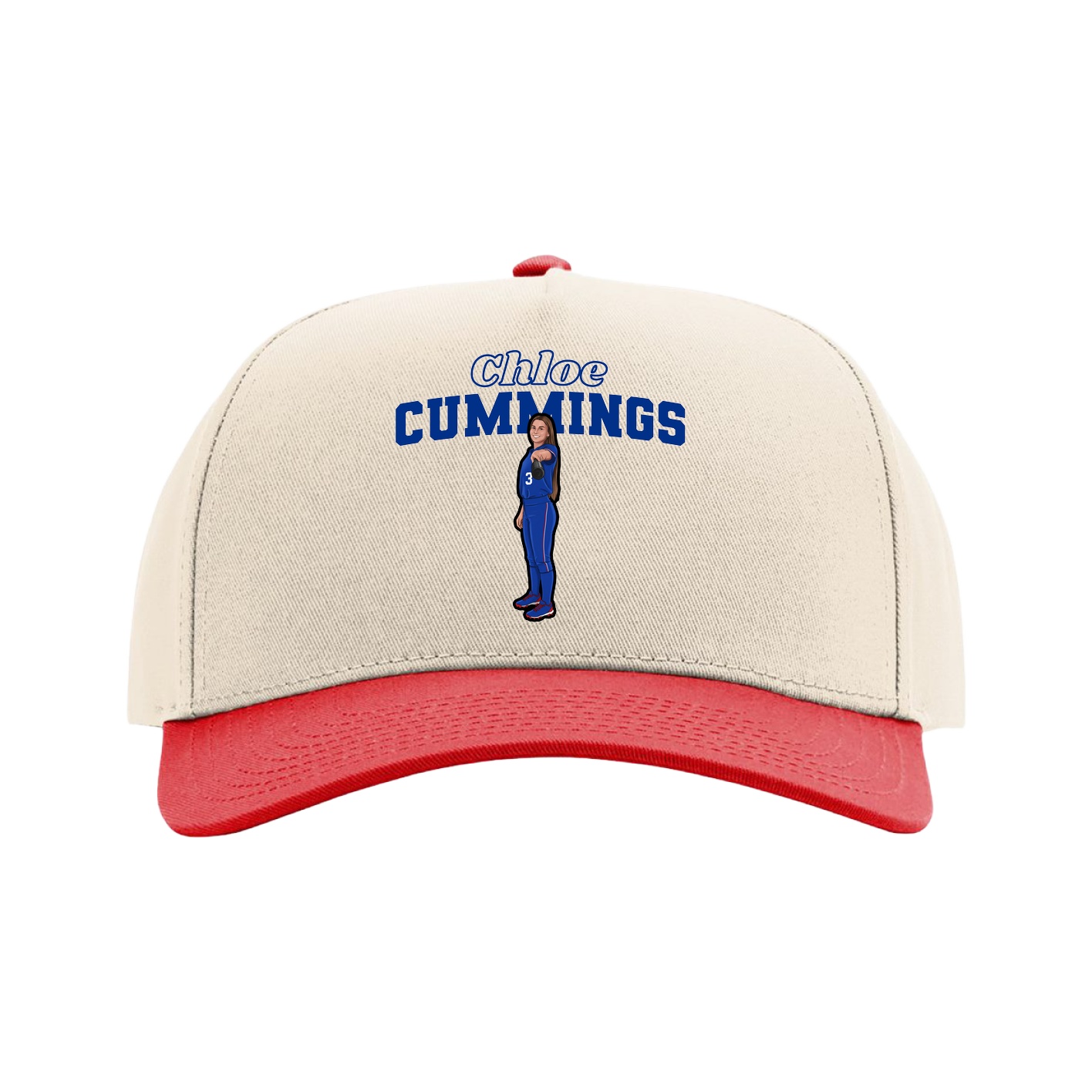 Full Fabric Five-Panel Champ Cap — Name Arch in Cream/Red