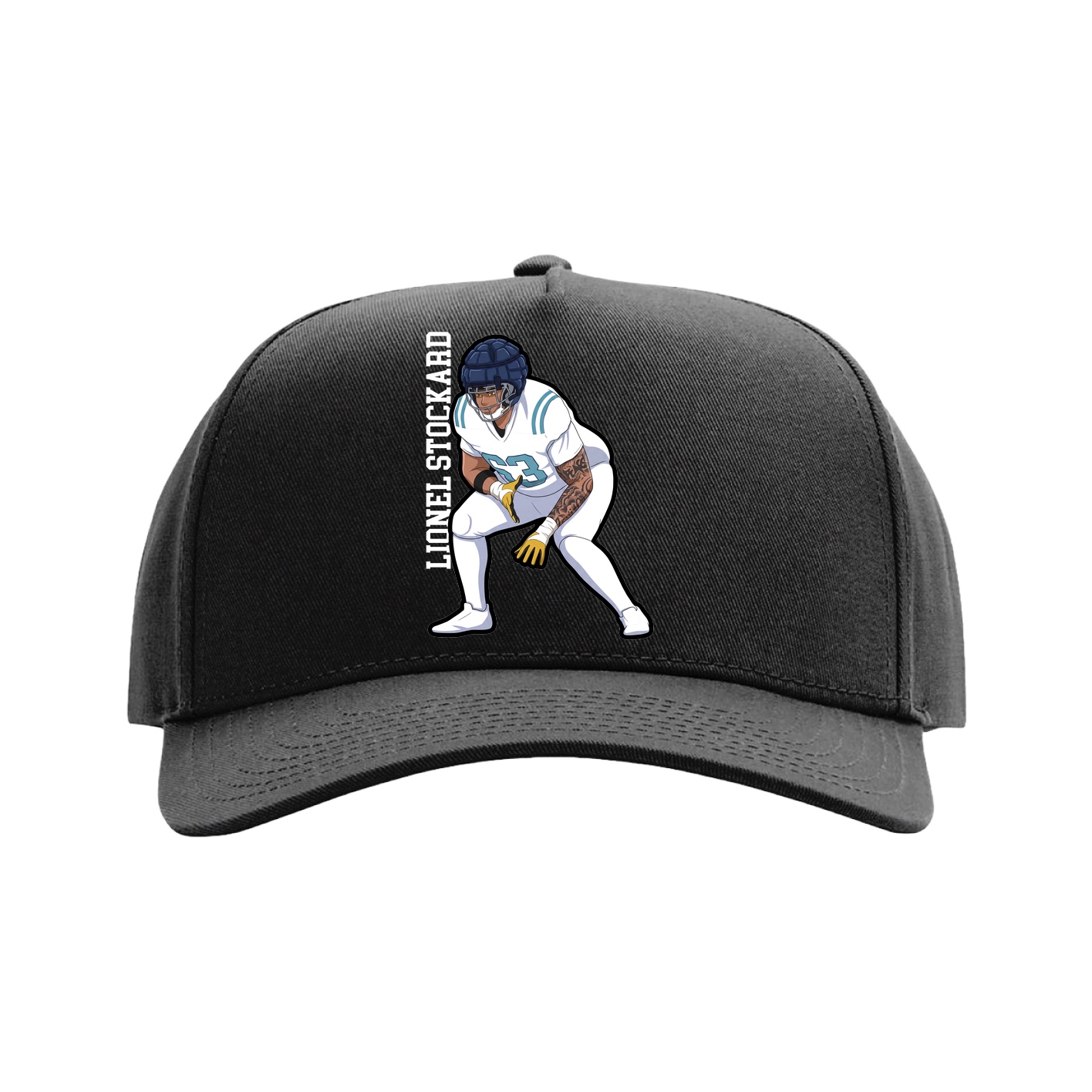 Full Fabric Five-Panel Champ Cap — Name Vertical in Black