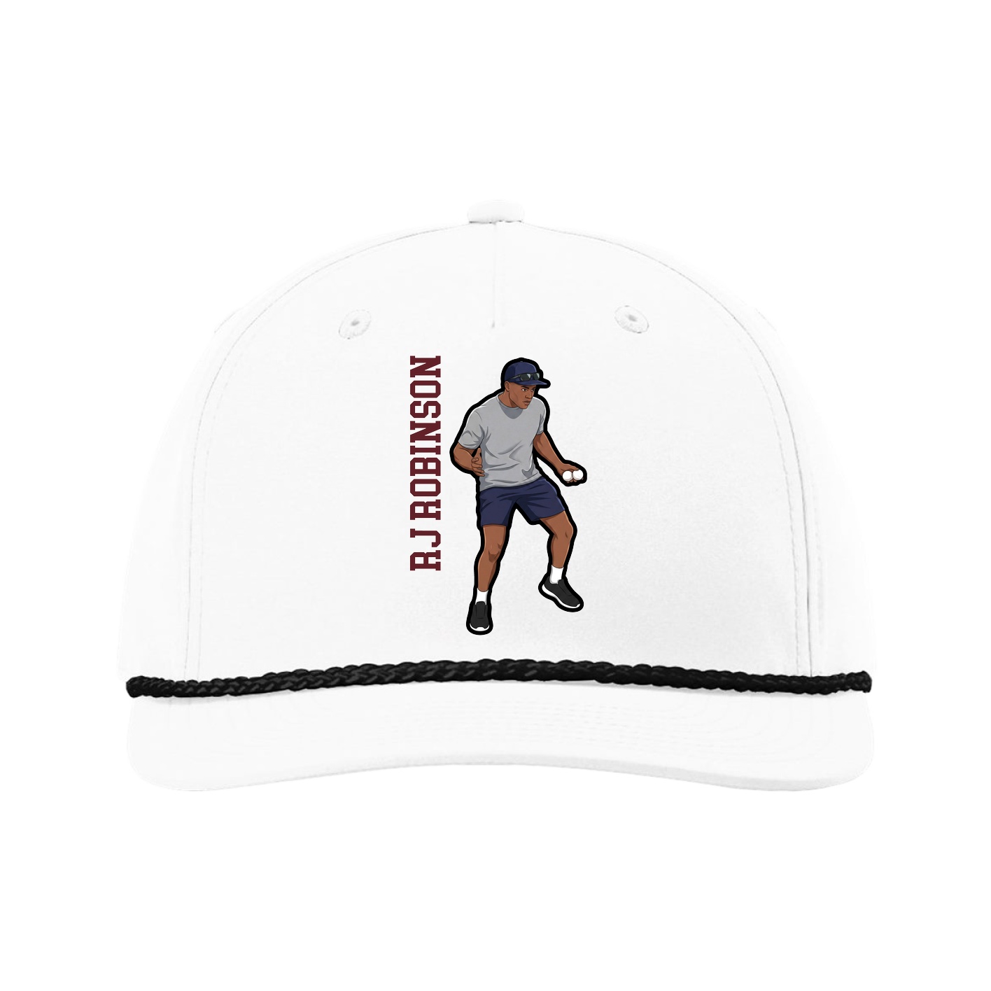 Five-Panel Classic Rope Cap — Name Vertical in White
