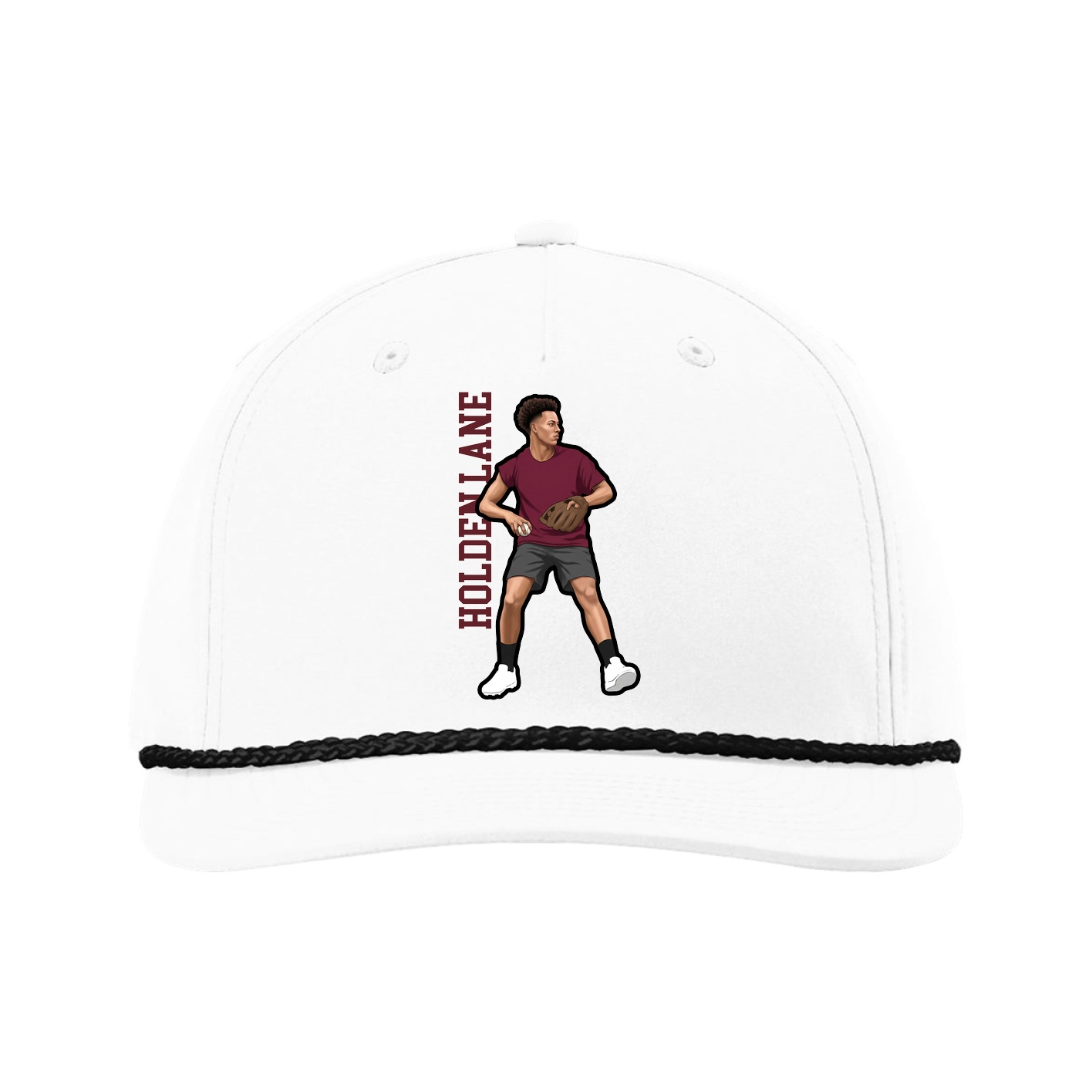 Five-Panel Classic Rope Cap — Name Vertical in White