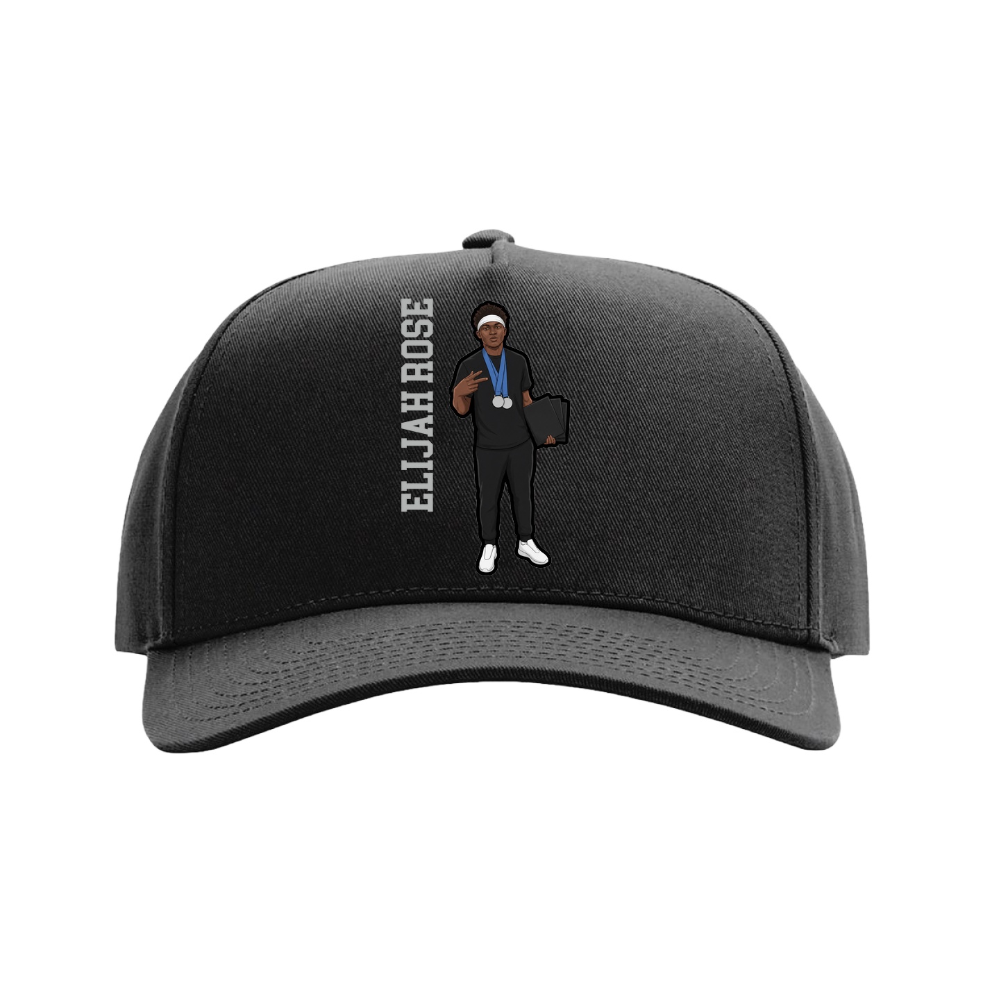 Full Fabric Five-Panel Champ Cap — Name Vertical in Black