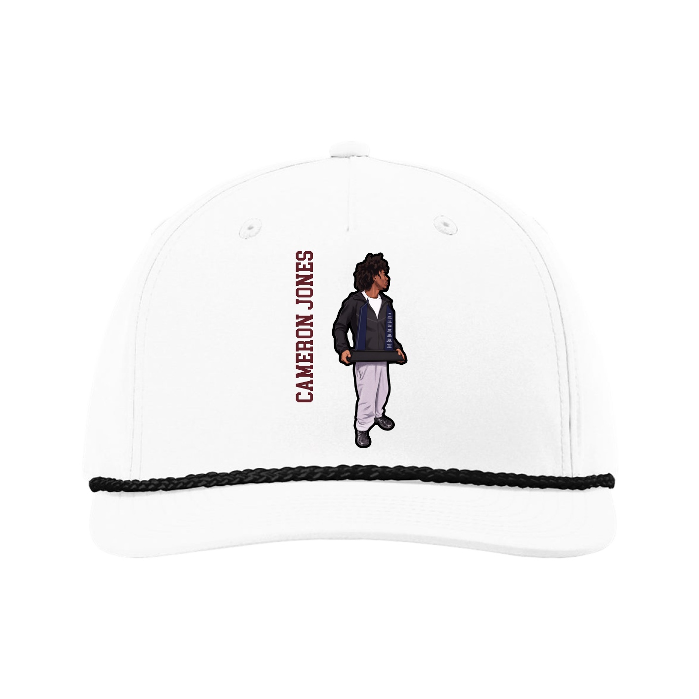 Five-Panel Classic Rope Cap — Name Vertical in White