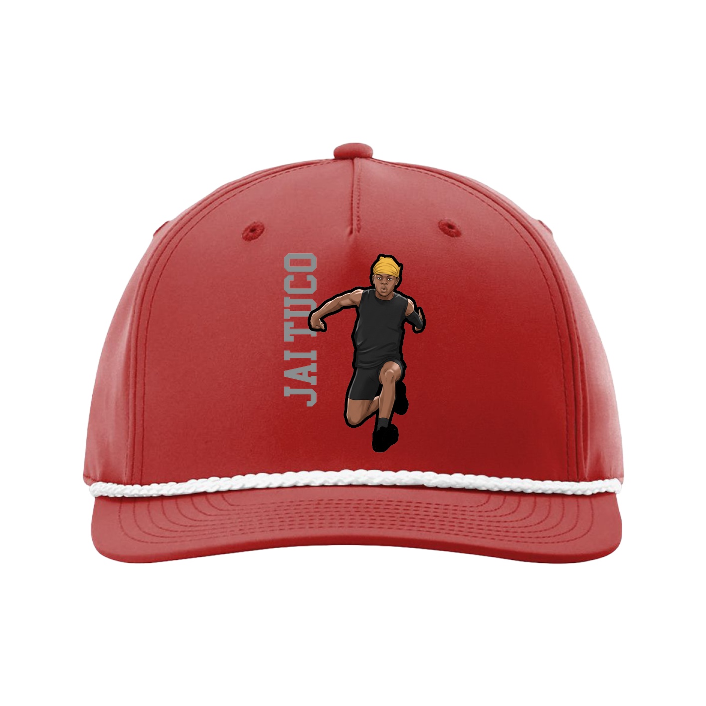 Five-Panel Classic Rope Cap — Name Vertical in Red
