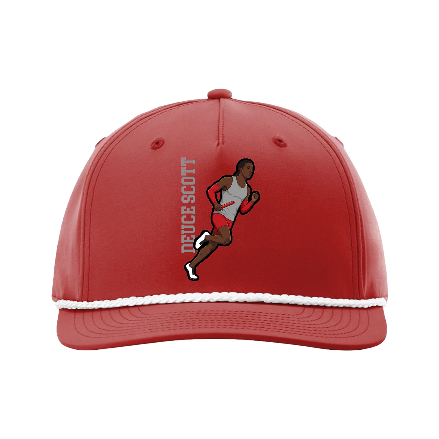 Five-Panel Classic Rope Cap — Name Vertical in Red