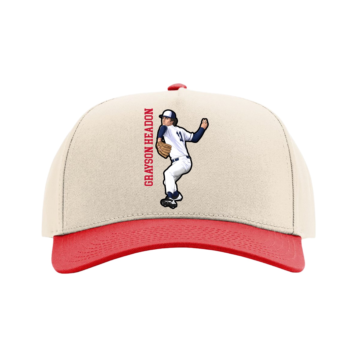 Full Fabric Five-Panel Champ Cap — Name Vertical in Cream/Red
