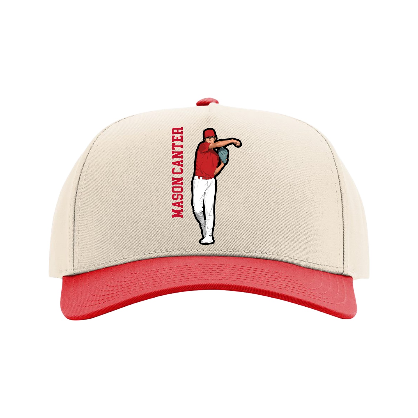 Full Fabric Five-Panel Champ Cap — Name Vertical in Cream/Red