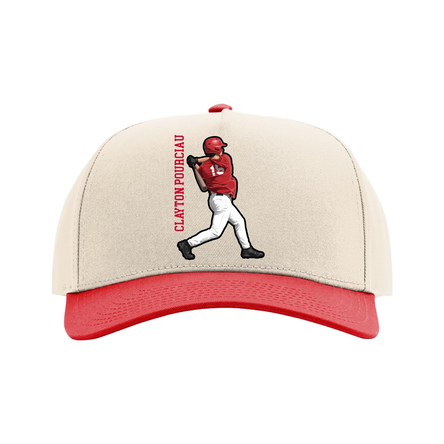 Full Fabric Five-Panel Champ Cap — Name Vertical in Cream/Red