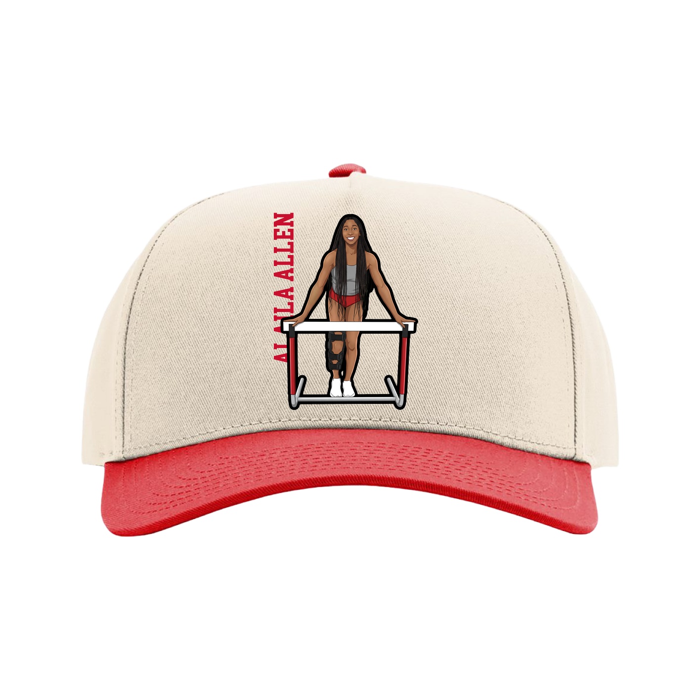 Full Fabric Five-Panel Champ Cap — Name Vertical in Cream/Red