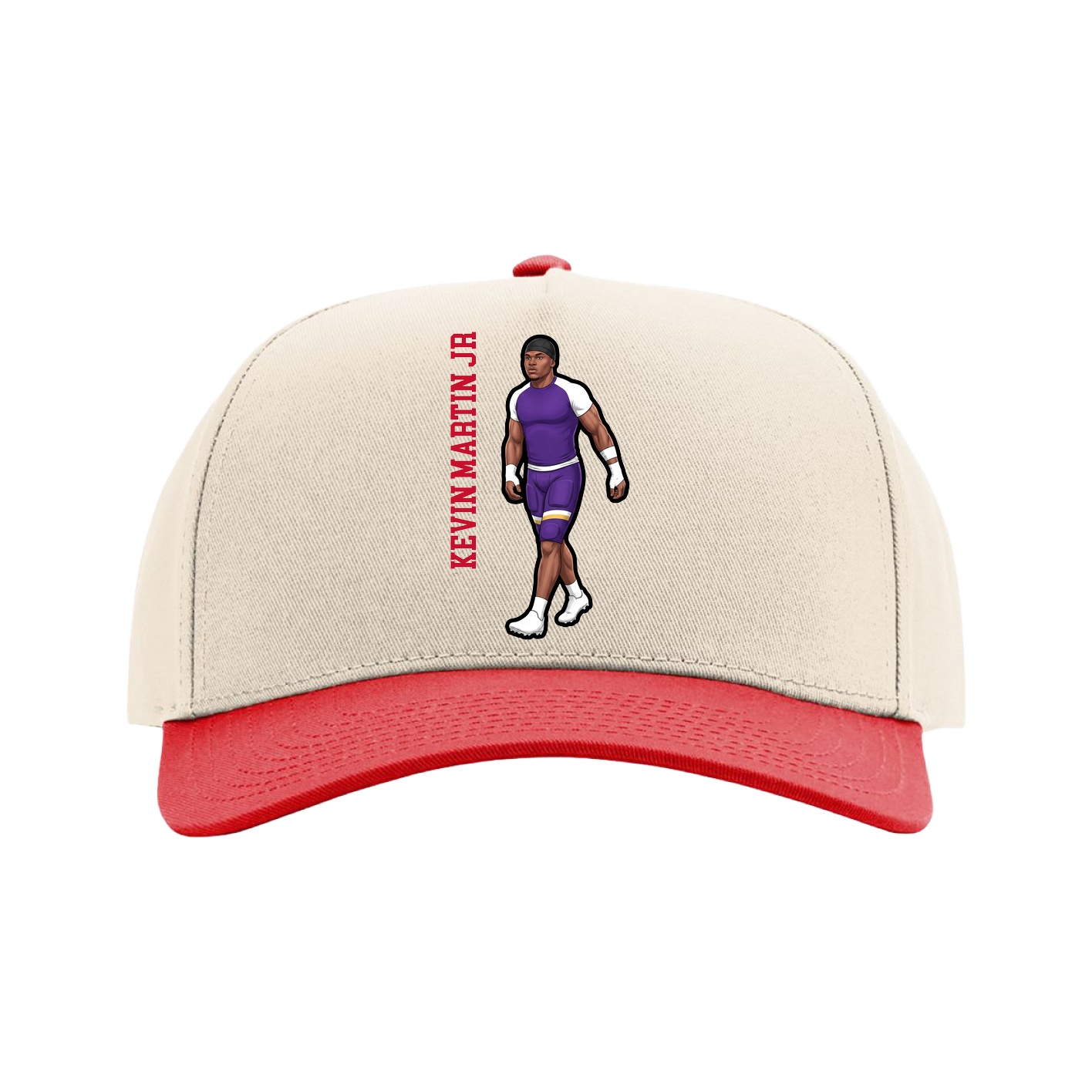 Full Fabric Five-Panel Champ Cap — Name Vertical in Cream/Red
