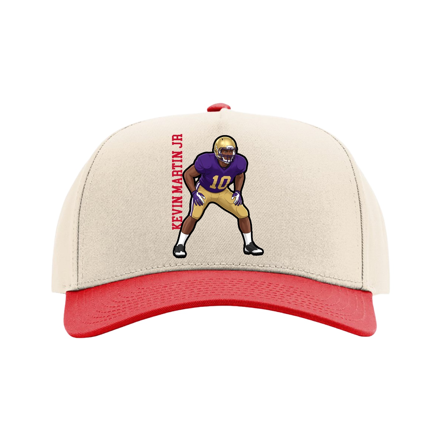 Full Fabric Five-Panel Champ Cap — Name Vertical in Cream/Red