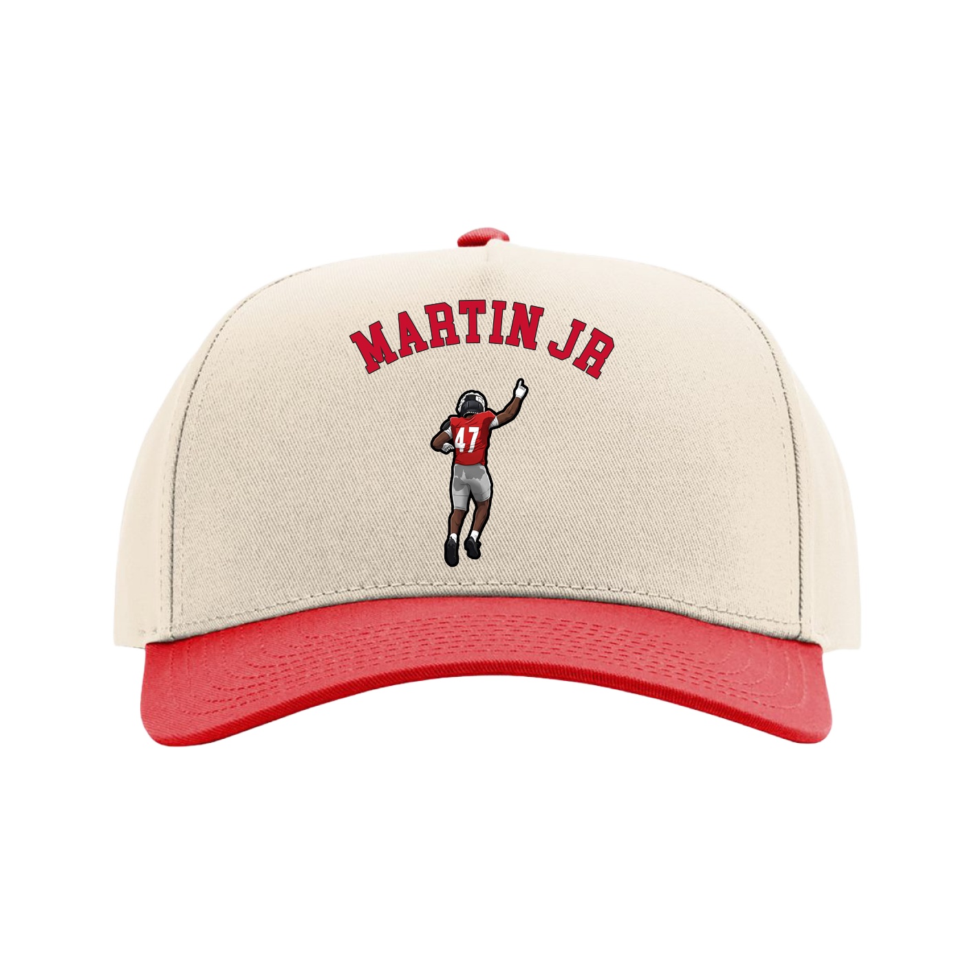 Full Fabric Five-Panel Champ Cap — Shirsey Arch in Cream/Red
