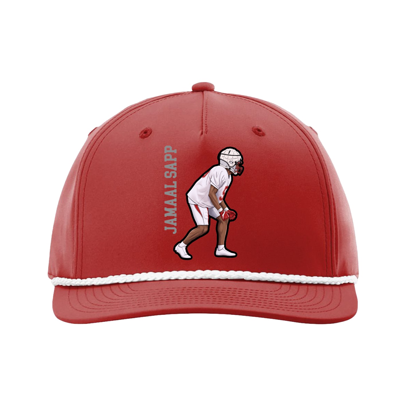 Five-Panel Classic Rope Cap — Name Vertical in Red