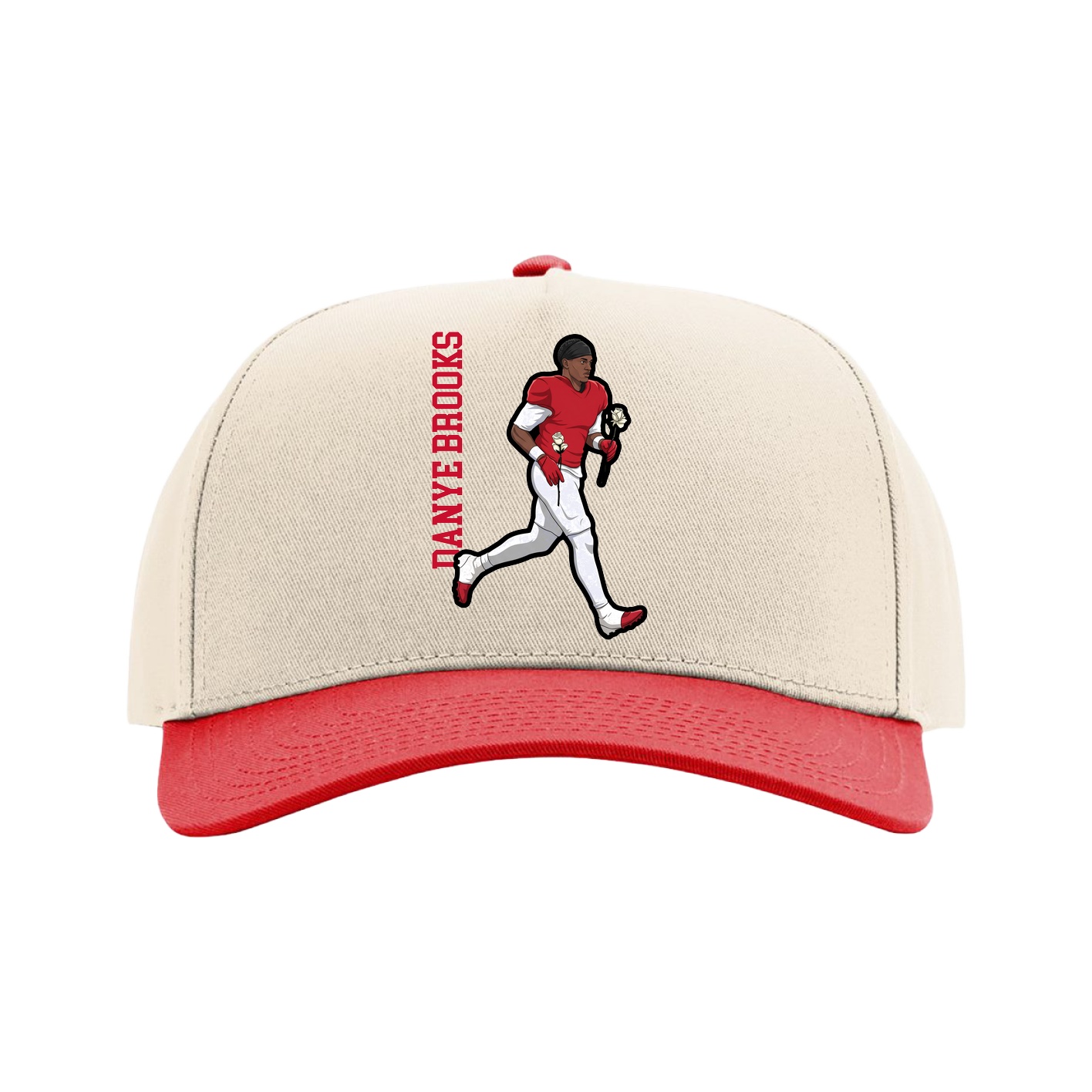 Full Fabric Five-Panel Champ Cap — Name Vertical in Cream/Red