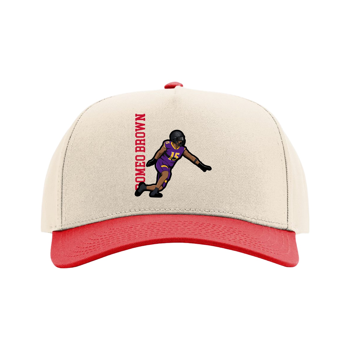 Full Fabric Five-Panel Champ Cap — Name Vertical in Cream/Red