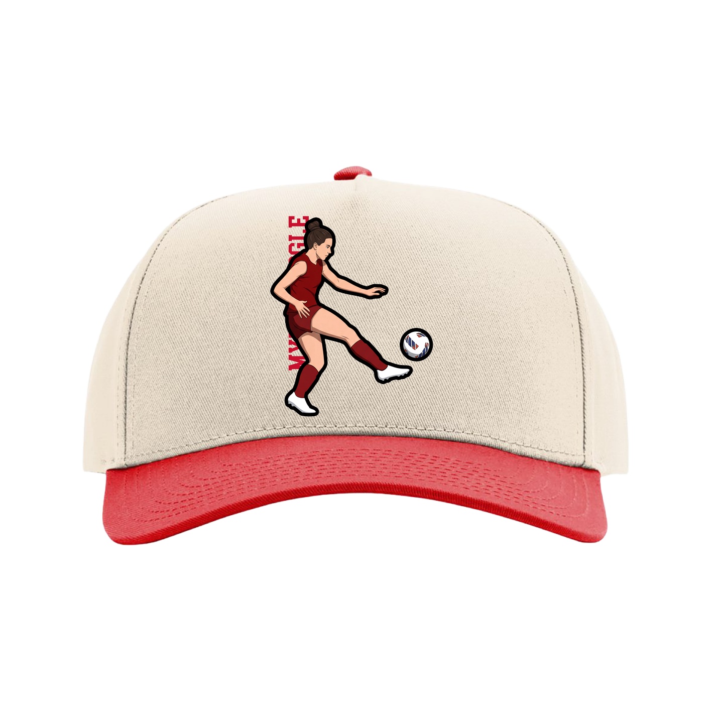 Full Fabric Five-Panel Champ Cap — Name Vertical in Cream/Red