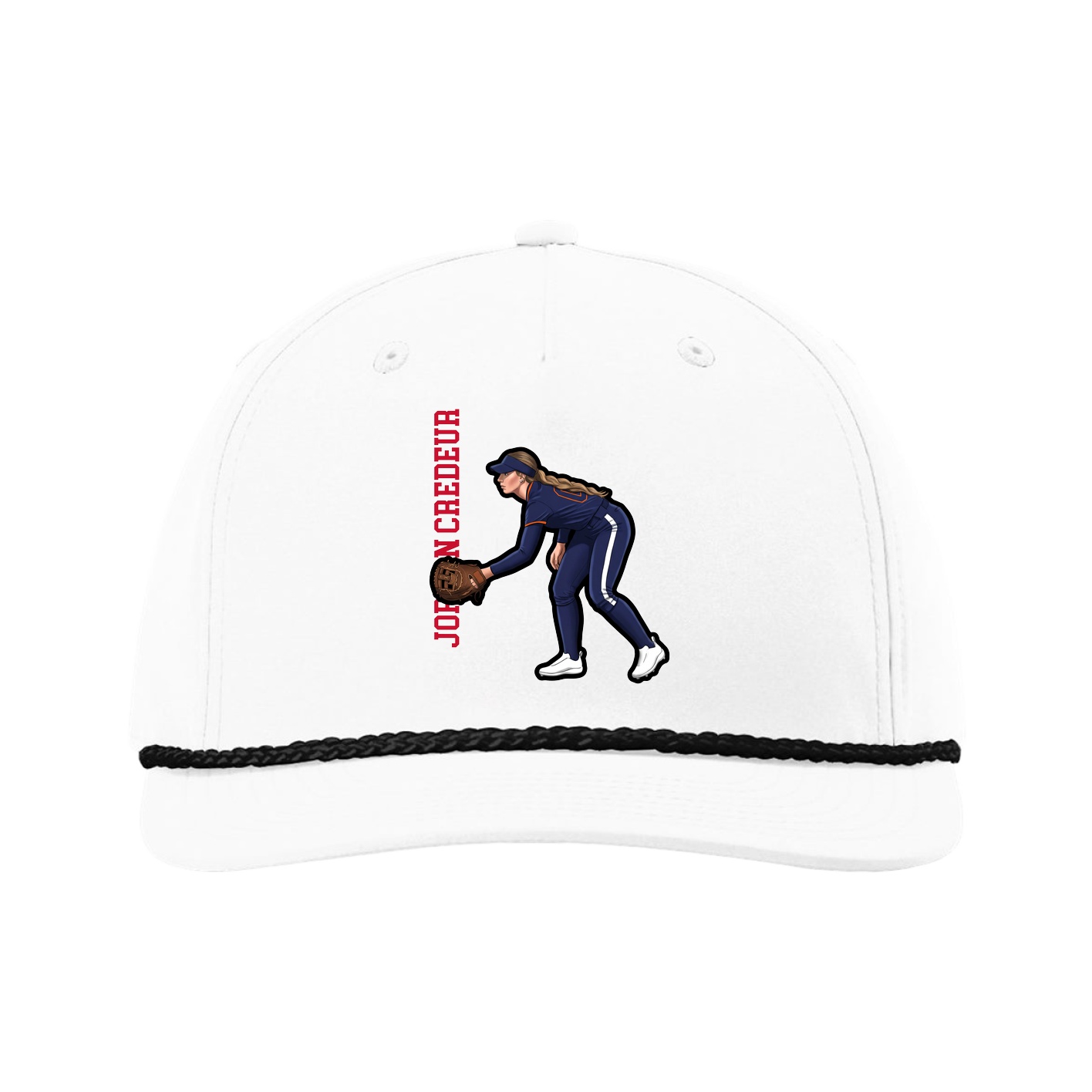 Five-Panel Classic Rope Cap — Name Vertical in White