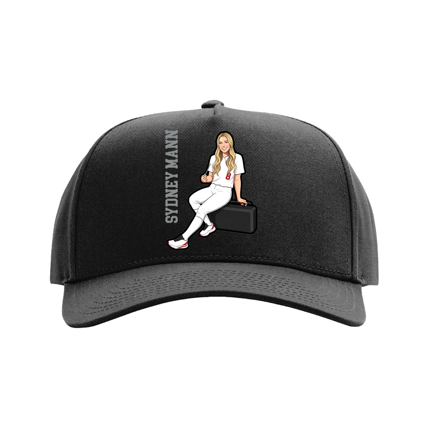 Full Fabric Five-Panel Champ Cap — Name Vertical in Black