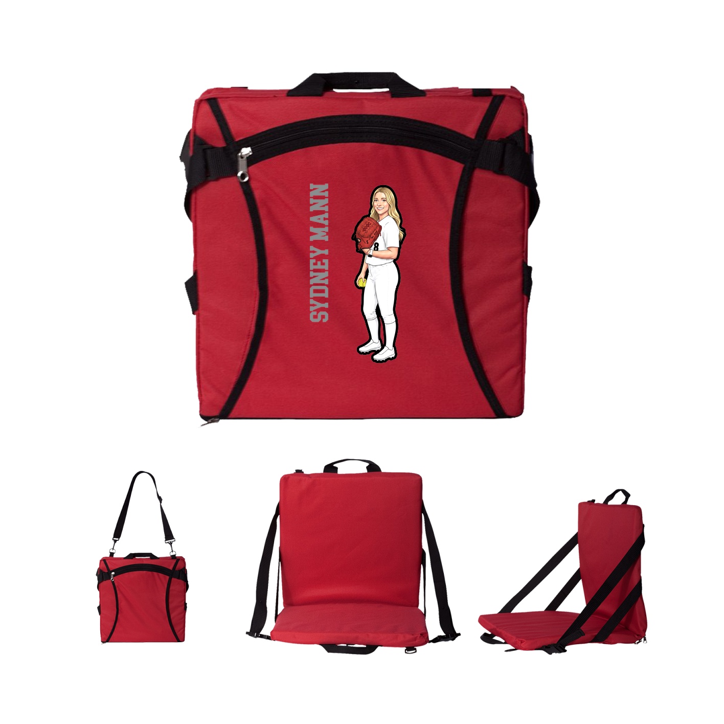 Folding Stadium Seat — Name Vertical in Red