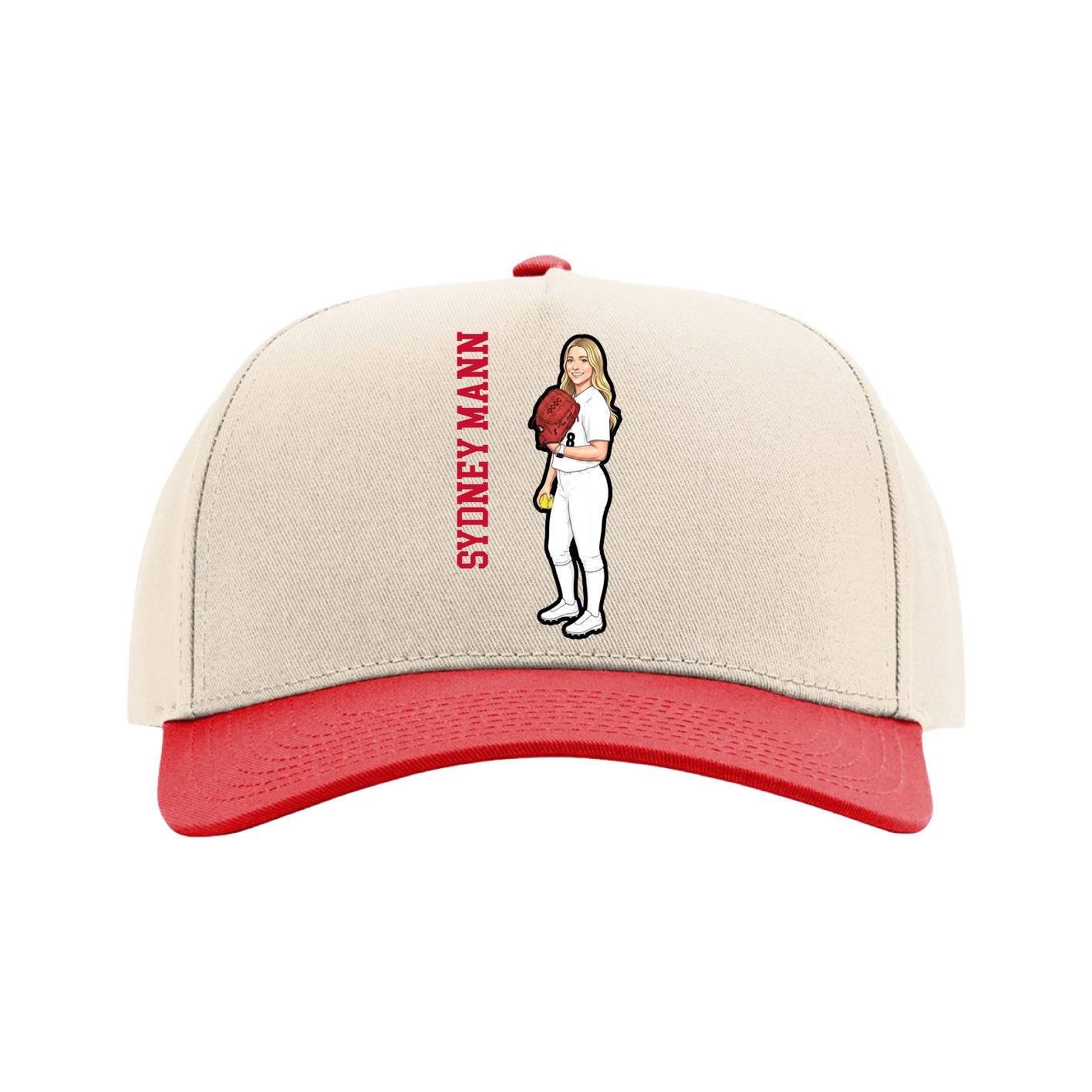 Full Fabric Five-Panel Champ Cap — Name Vertical in Cream/Red
