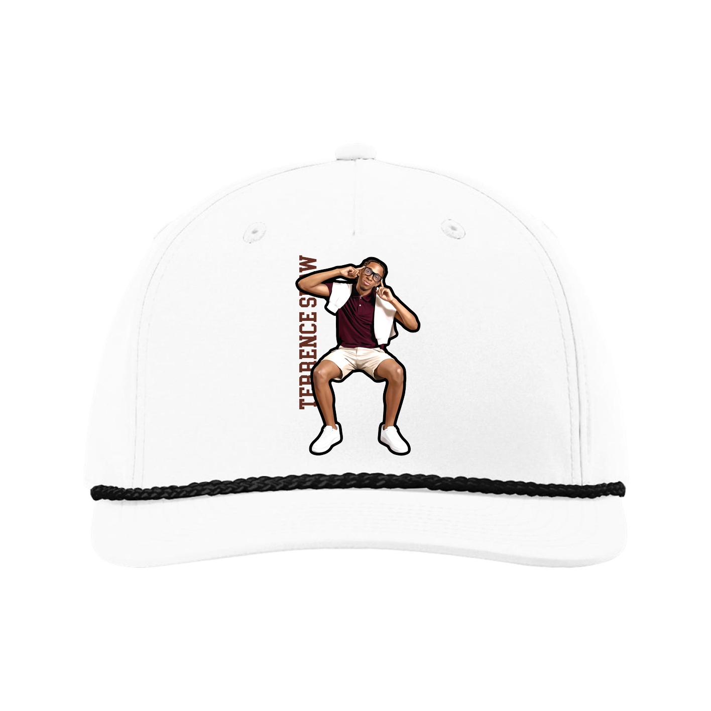 Five-Panel Classic Rope Cap — Name Vertical in White