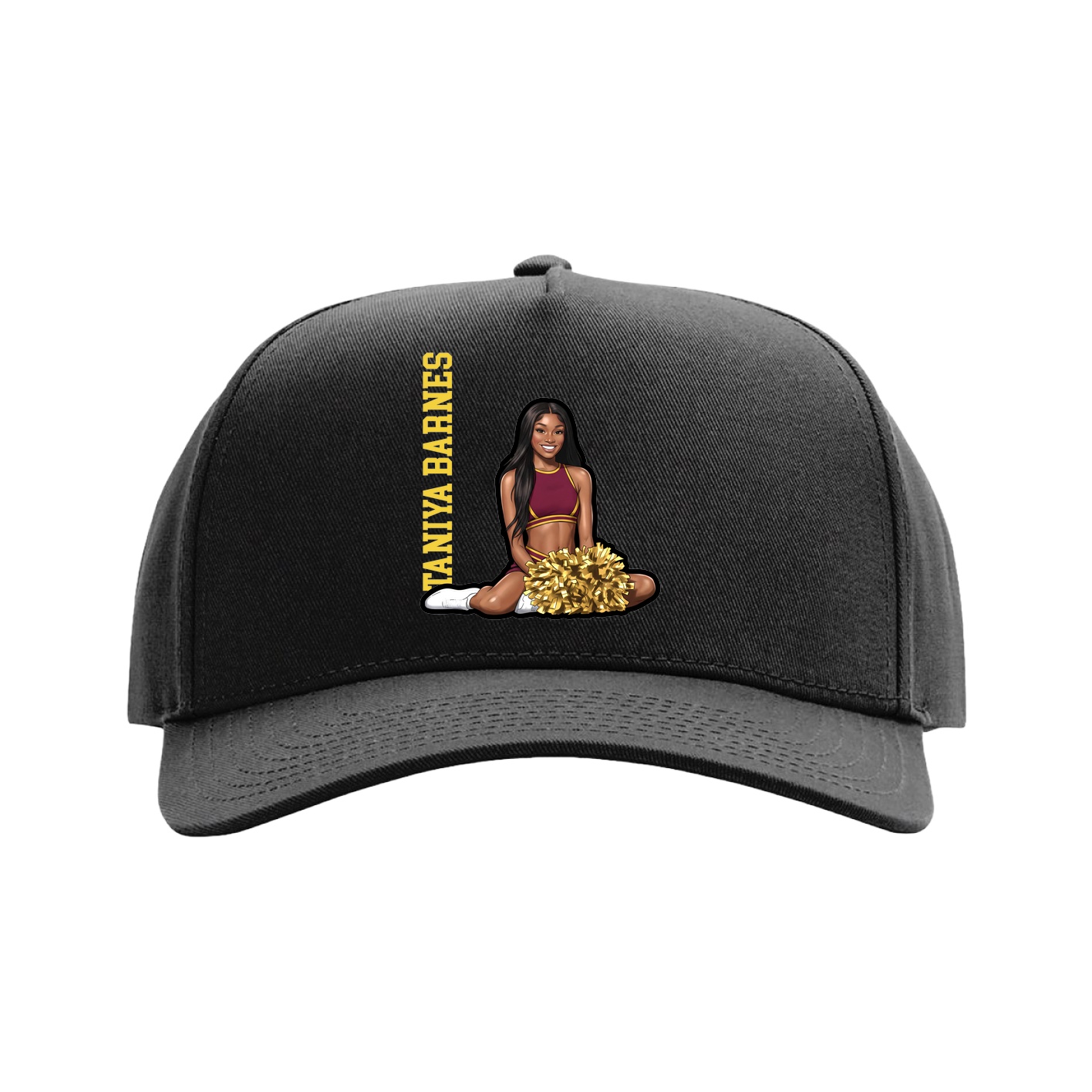 Full Fabric Five-Panel Champ Cap — Name Vertical in Black