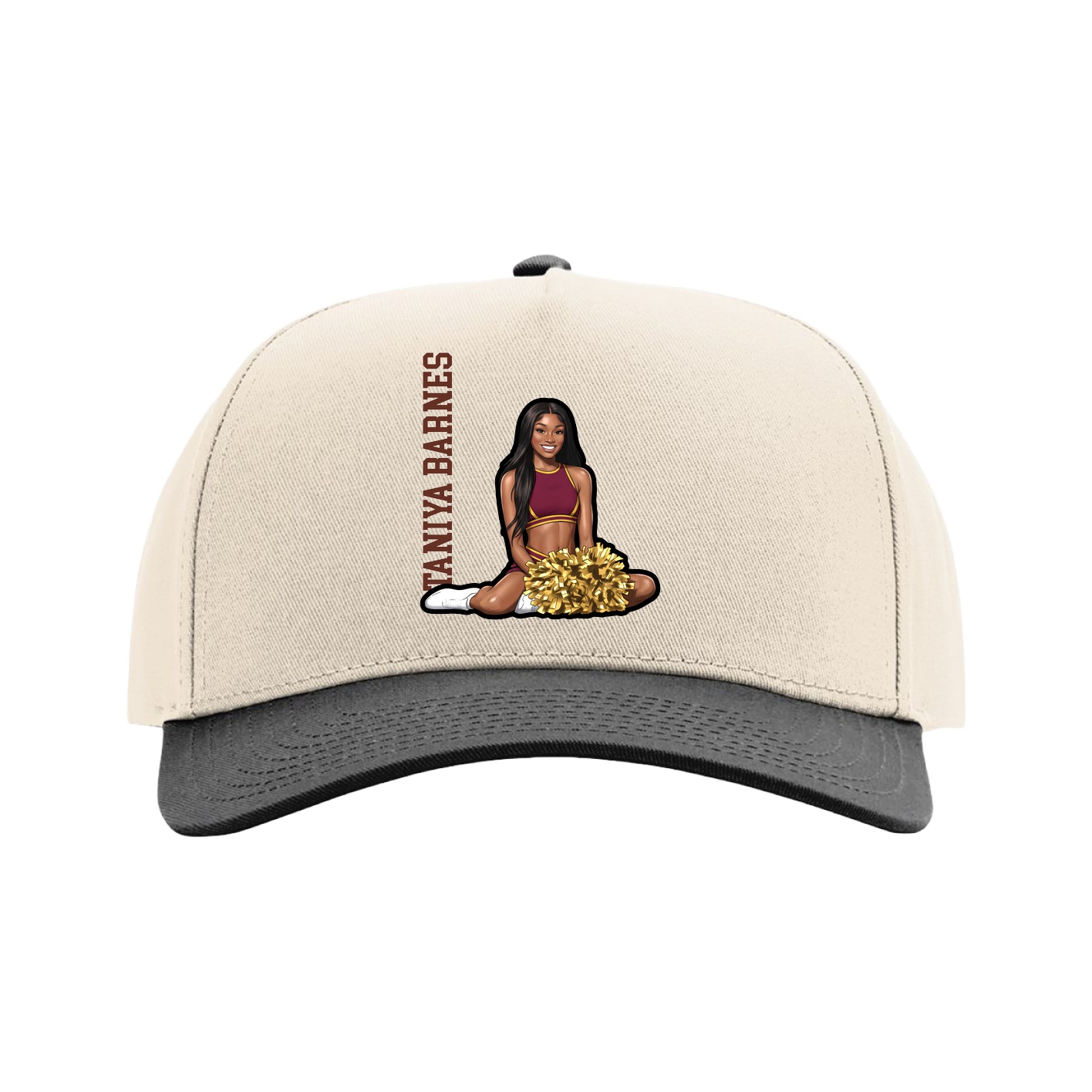 Full Fabric Five-Panel Champ Cap — Name Vertical in Cream/Black