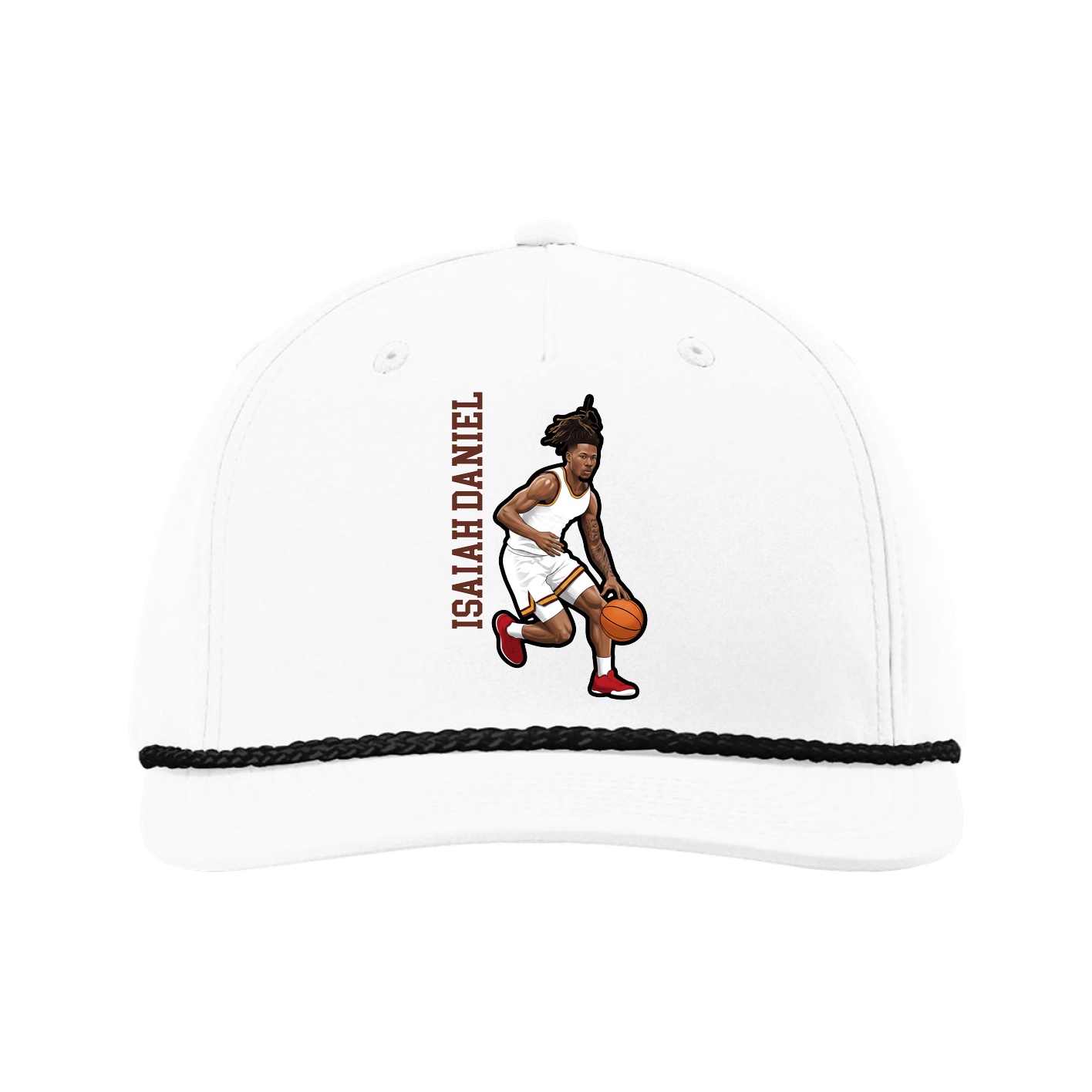 Five-Panel Classic Rope Cap — Name Vertical in White