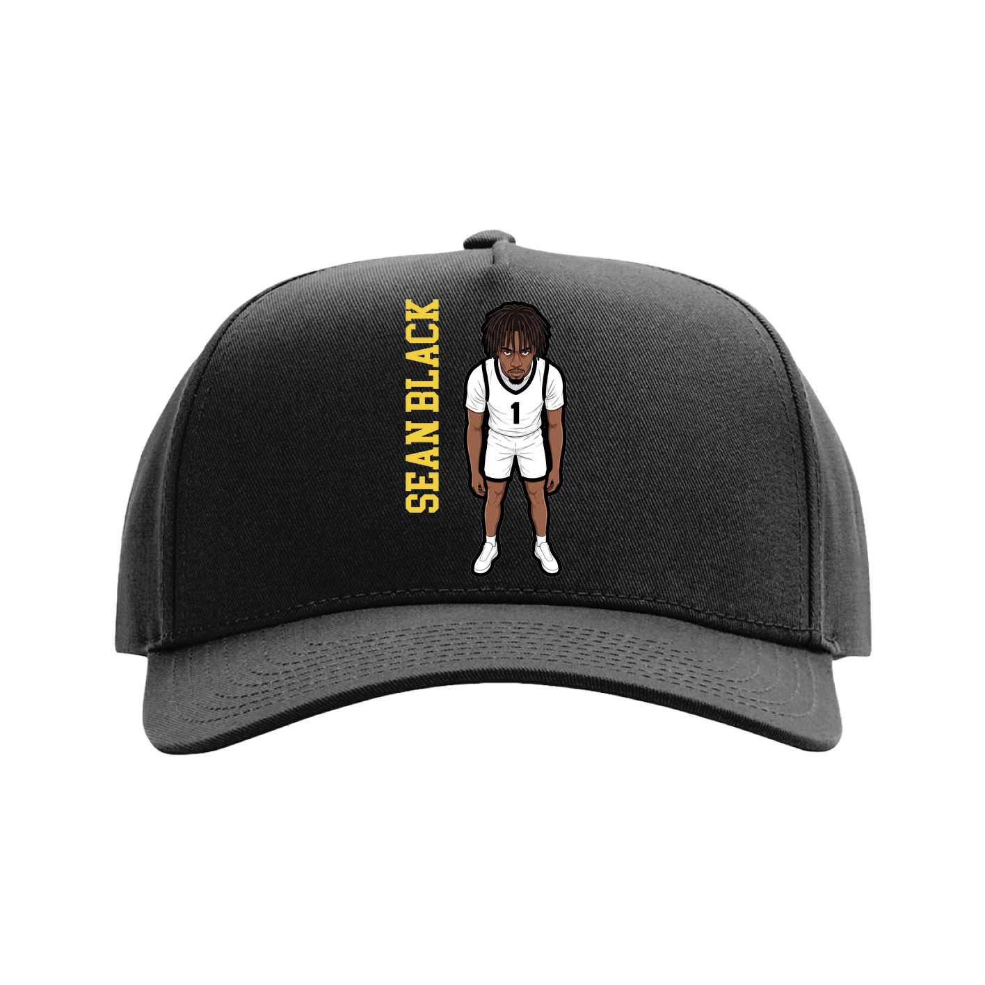 Full Fabric Five-Panel Champ Cap — Name Vertical in Black