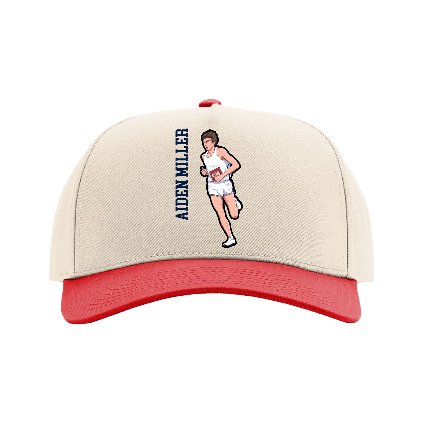Full Fabric Five-Panel Champ Cap — Name Vertical in Cream/Red