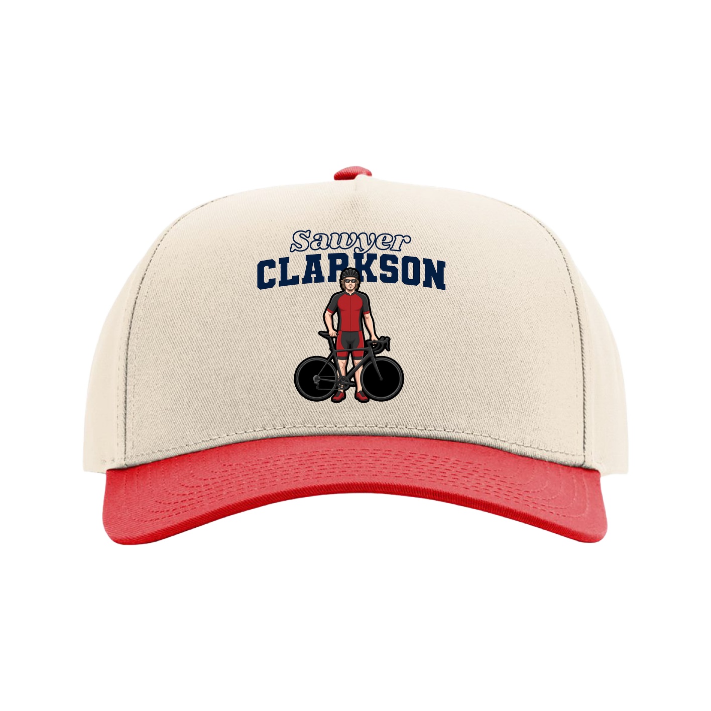 Full Fabric Five-Panel Champ Cap — Name Arch in Cream/Red