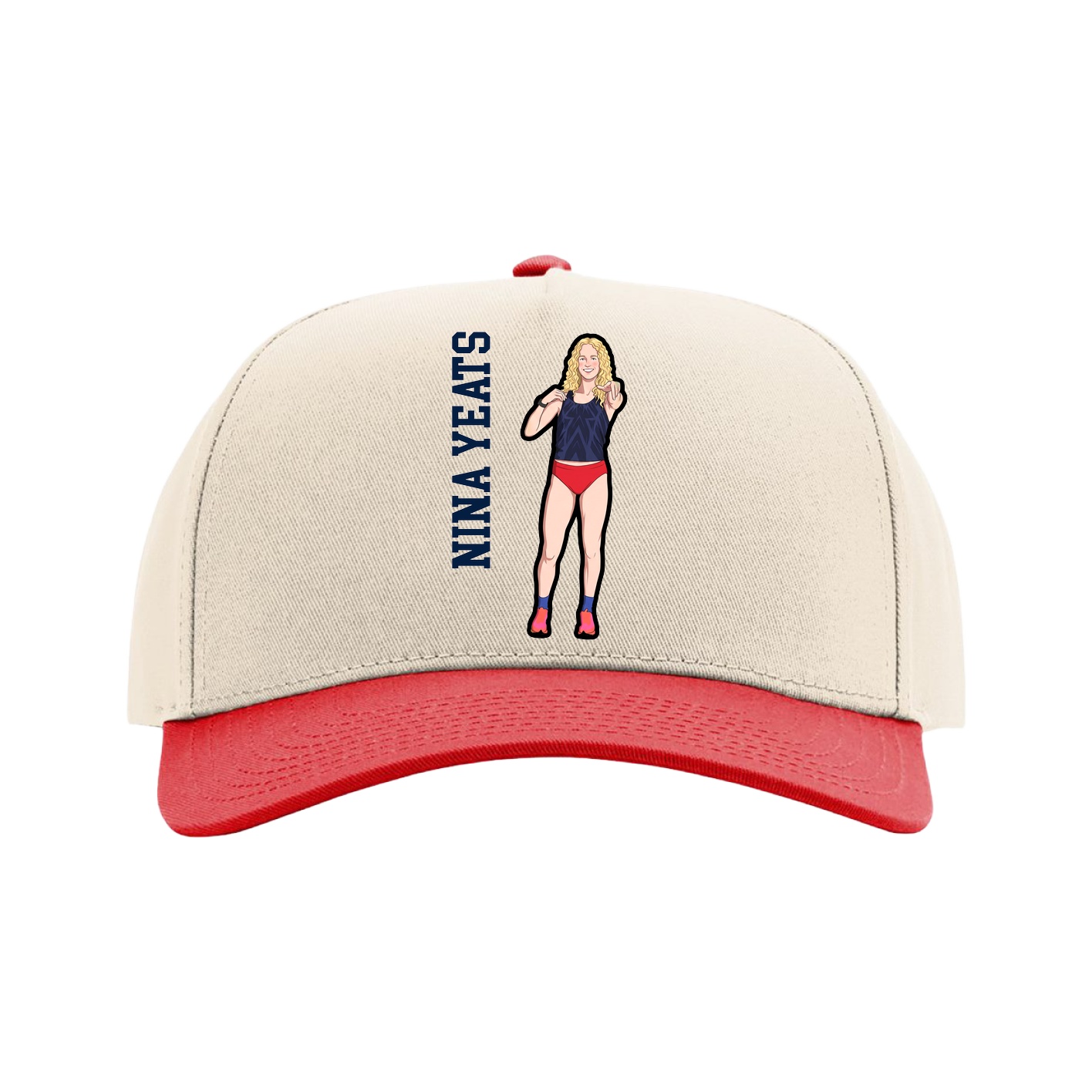 Full Fabric Five-Panel Champ Cap — Name Vertical in Cream/Red
