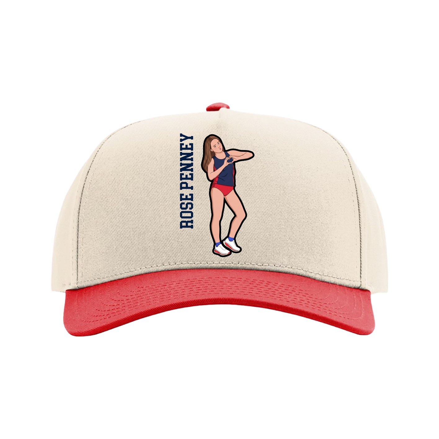 Full Fabric Five-Panel Champ Cap — Name Vertical in Cream/Red