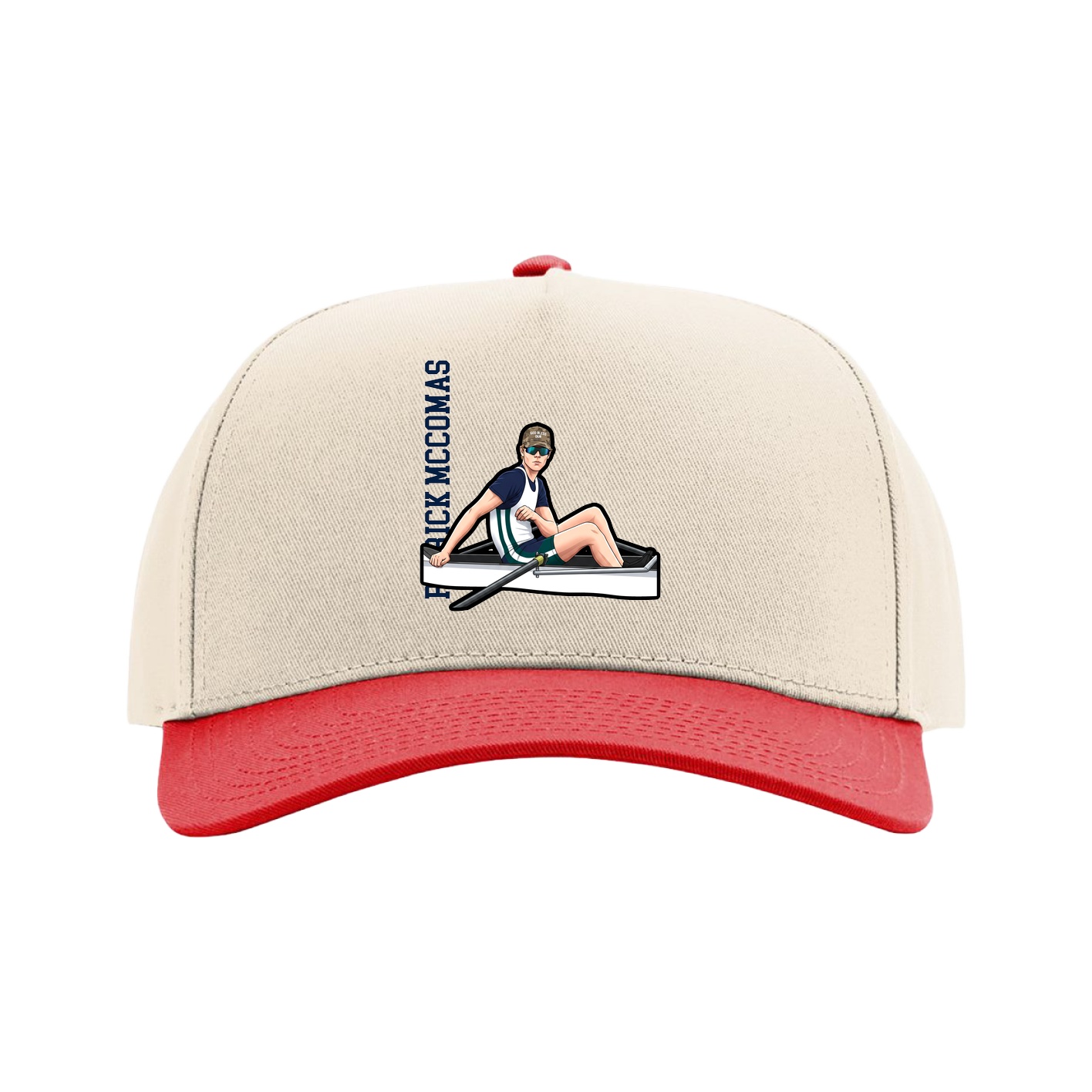Full Fabric Five-Panel Champ Cap — Name Vertical in Cream/Red