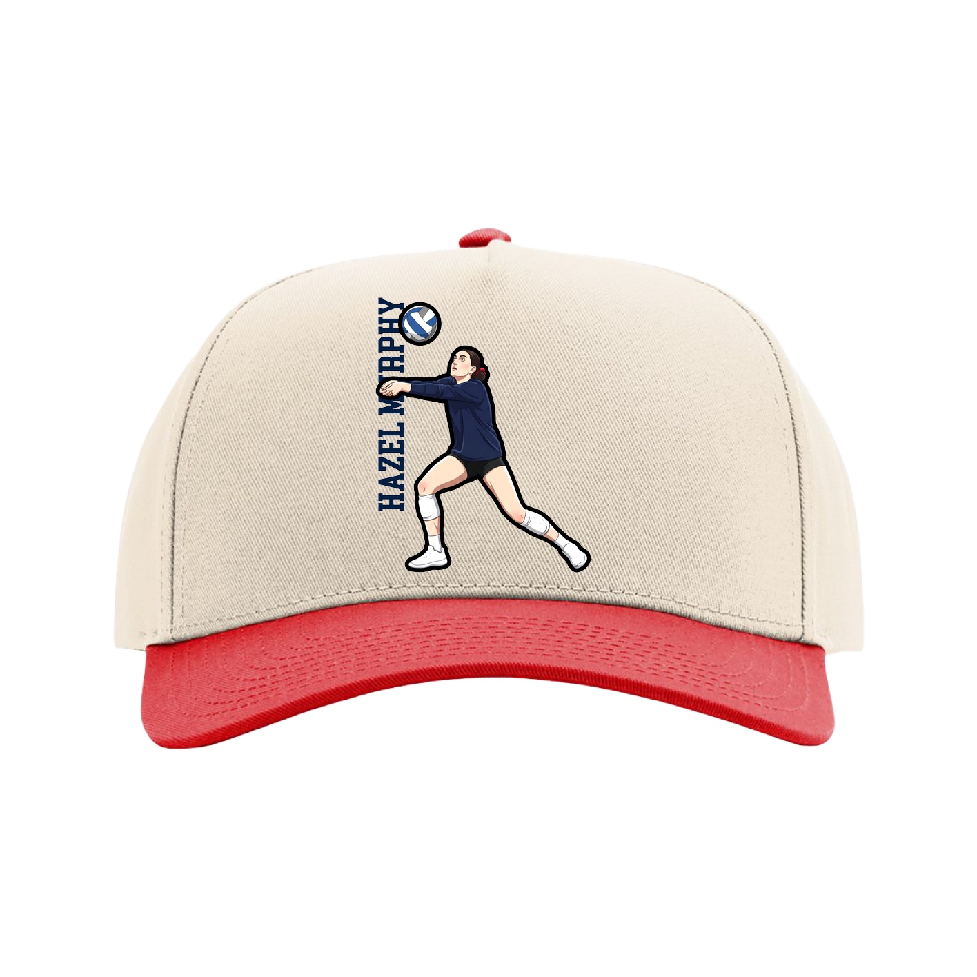 Full Fabric Five-Panel Champ Cap — Name Vertical in Cream/Red