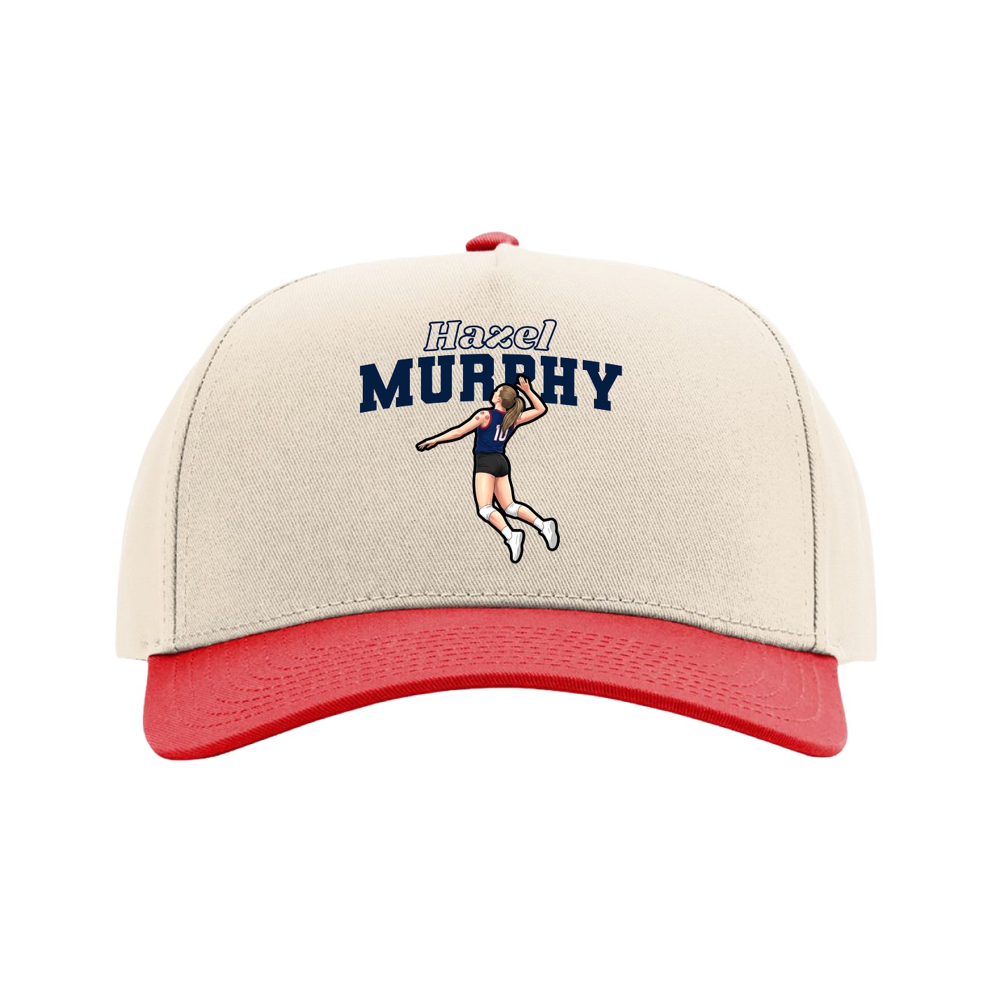 Full Fabric Five-Panel Champ Cap — Name Arch in Cream/Red