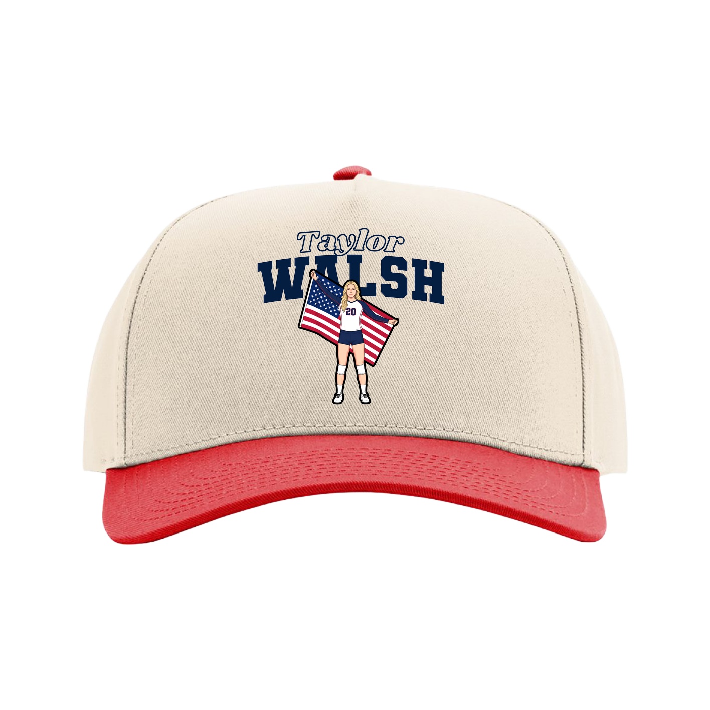 Full Fabric Five-Panel Champ Cap — Name Arch in Cream/Red