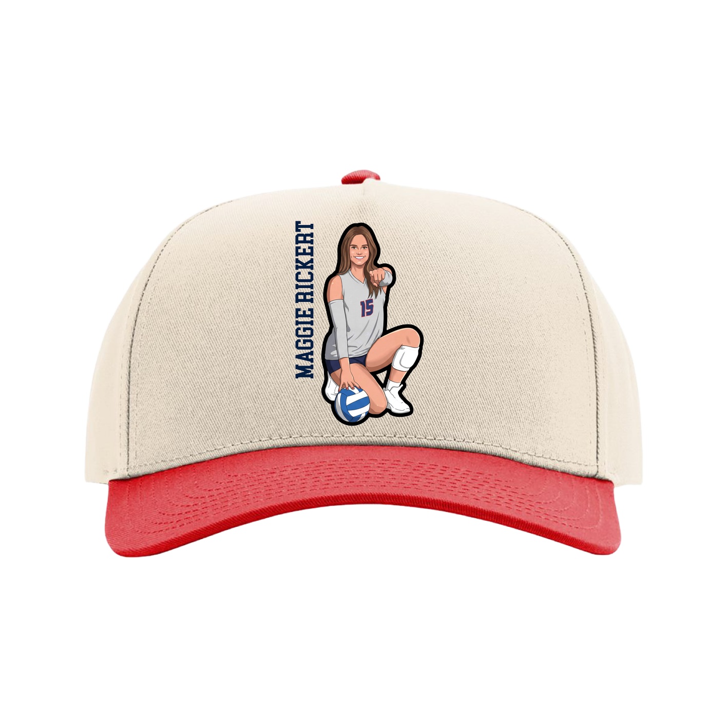 Full Fabric Five-Panel Champ Cap — Name Vertical in Cream/Red