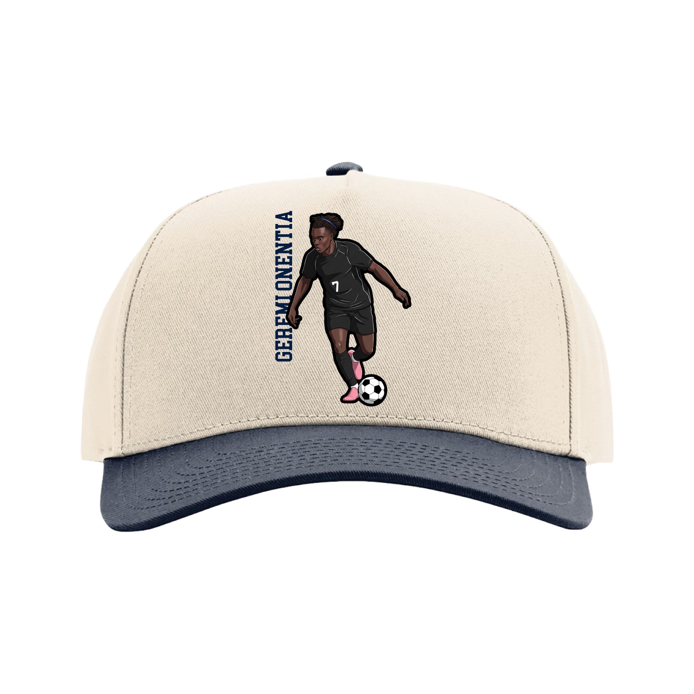 Full Fabric Five-Panel Champ Cap — Name Vertical in Cream/Navy