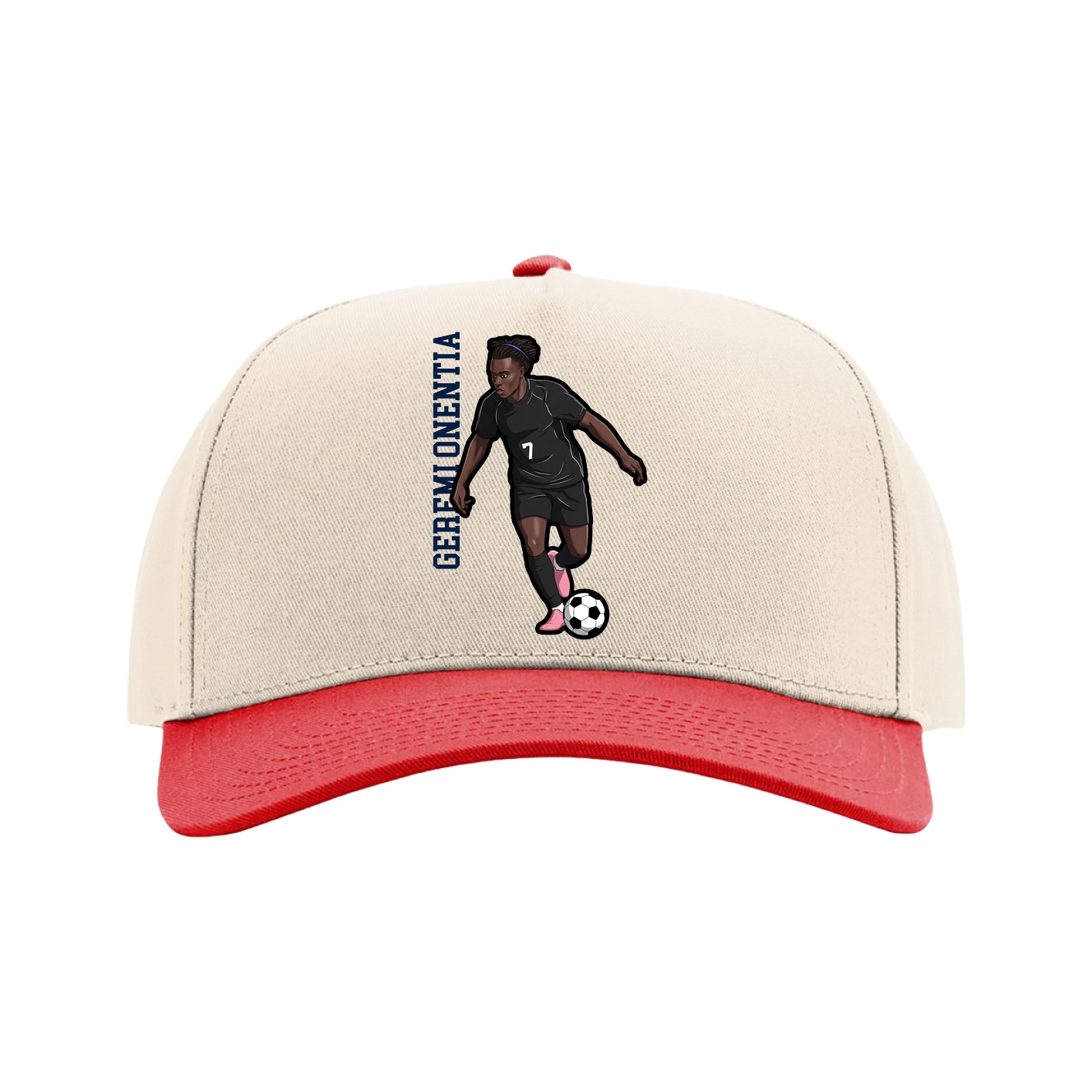 Full Fabric Five-Panel Champ Cap — Name Vertical in Cream/Red