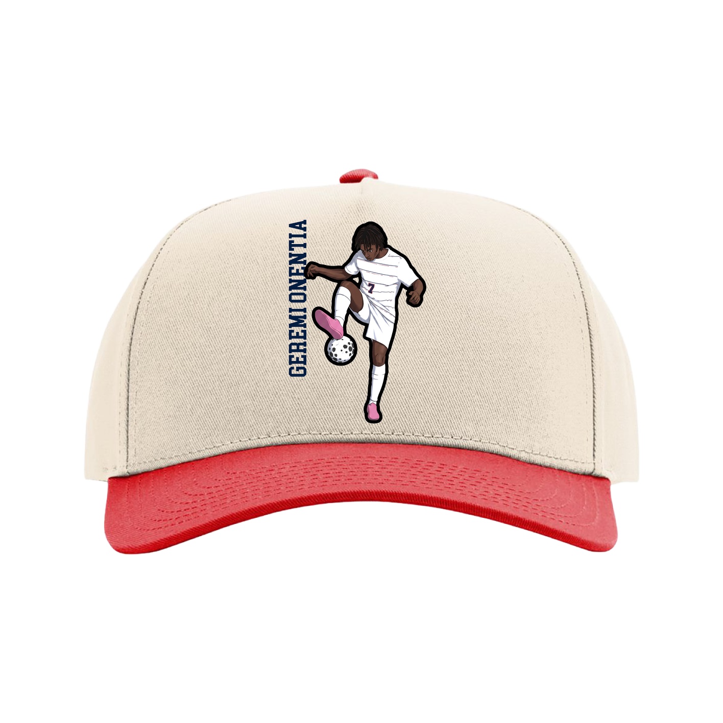 Full Fabric Five-Panel Champ Cap — Name Vertical in Cream/Red