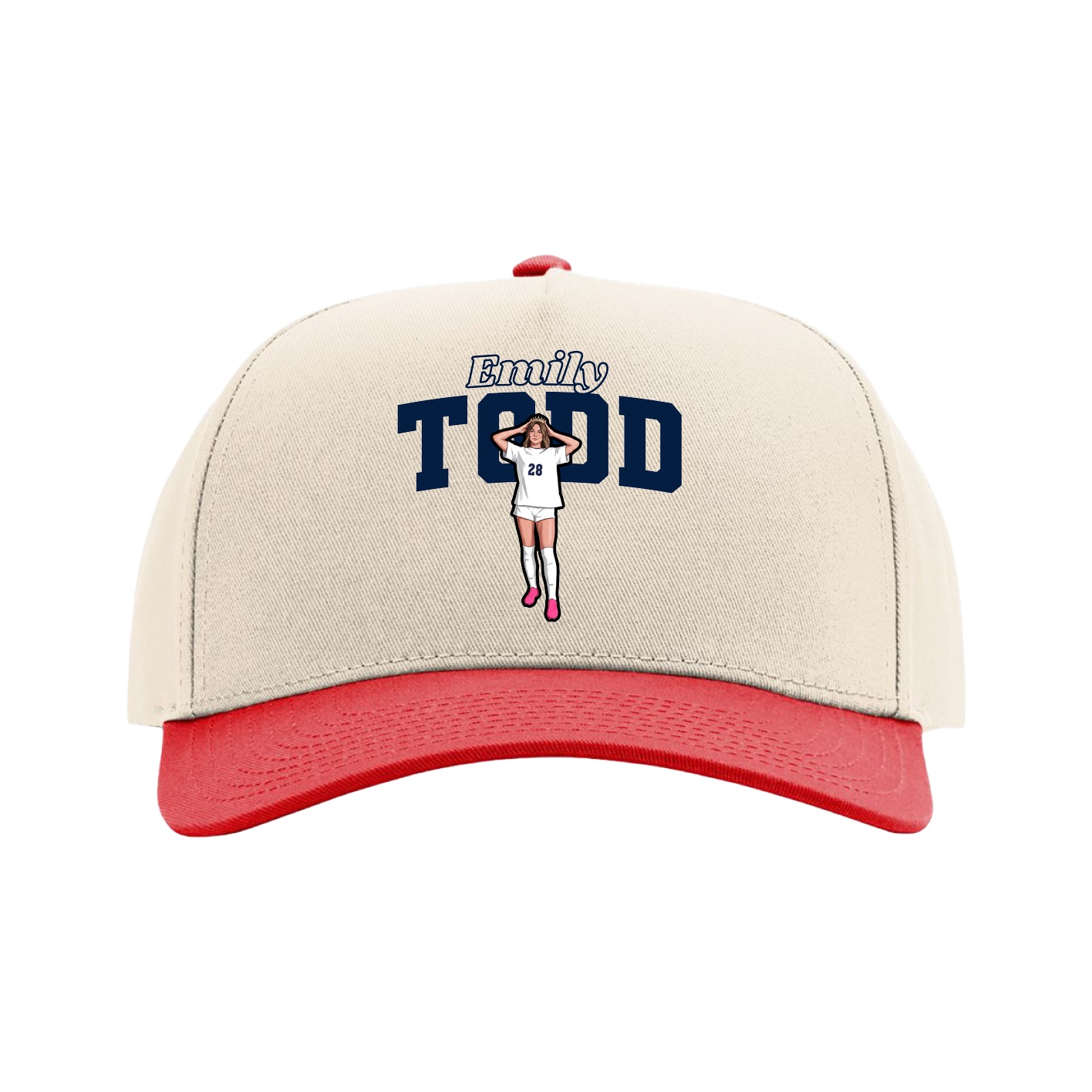 Full Fabric Five-Panel Champ Cap — Name Arch in Cream/Red