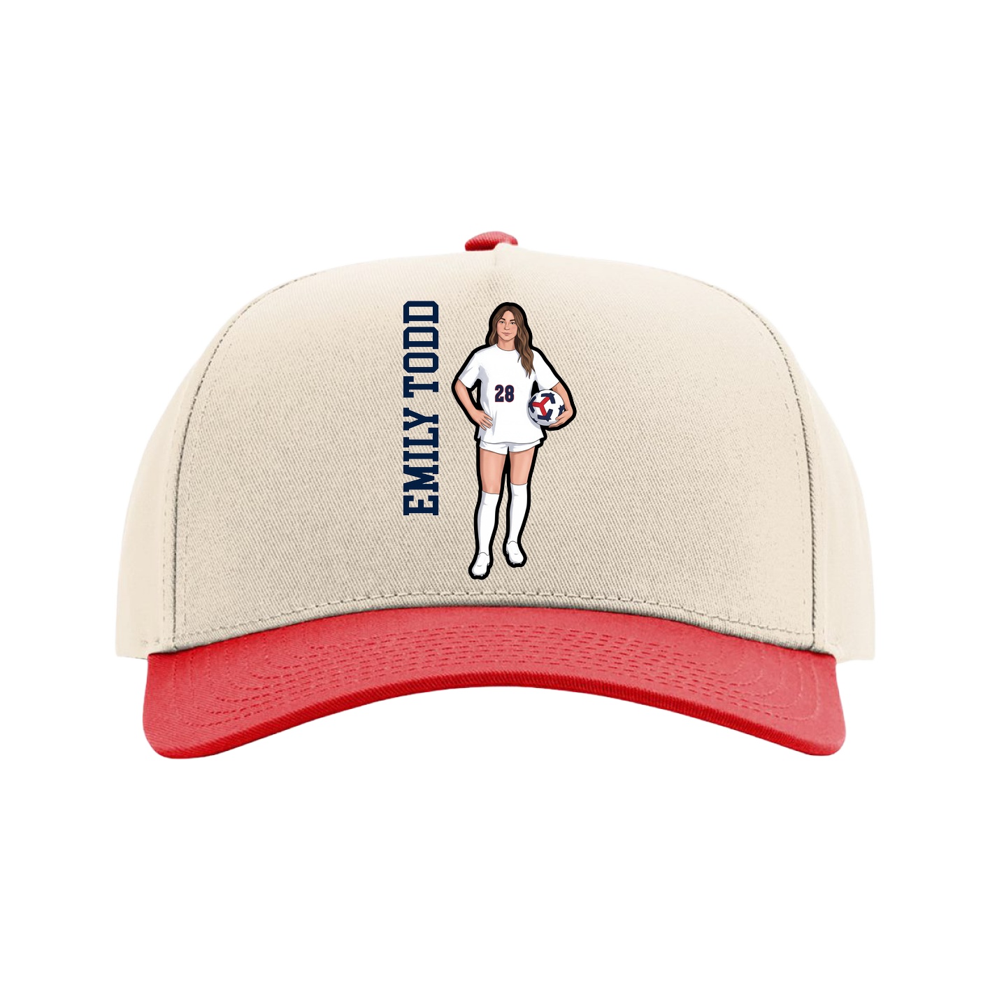 Full Fabric Five-Panel Champ Cap — Name Vertical in Cream/Red